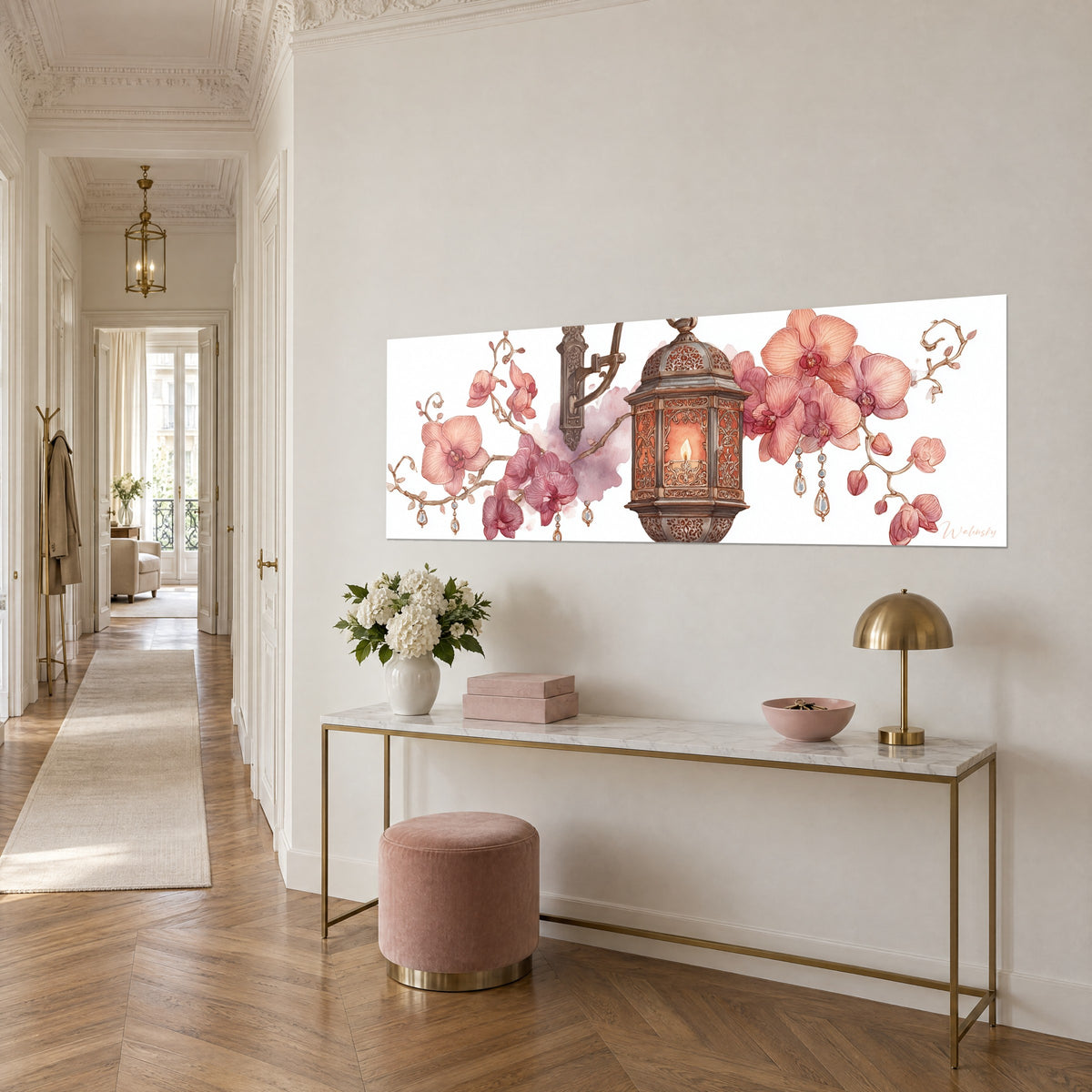 Panoramic wall art of peony and fuchsia orchids around a chiselled lantern, gilded console and pink pouf in three-quarter view