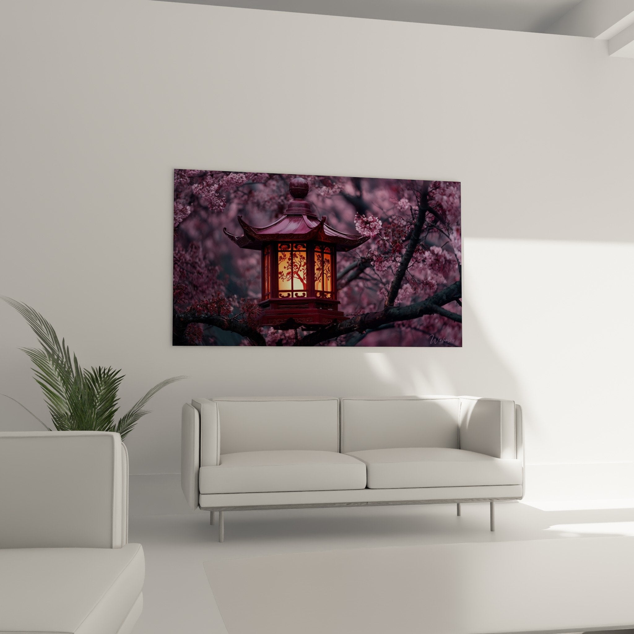 Détail lanterne japonaise lumière dorée entre fleurs cerisier rose, art mural zen décoration orientale