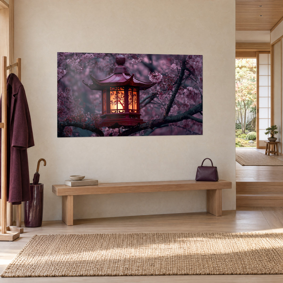 Quadro di una pagoda luminosa con finestre arancioni, tetto bordeaux e rami scuri fioriti di rosa, vista a tre quarti, ingresso in stile japandi