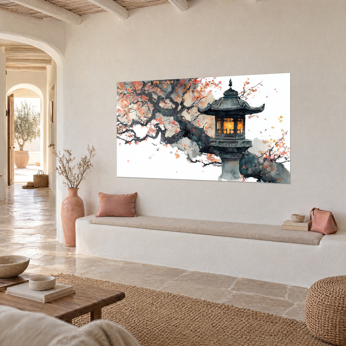 Cuadro cerezo en flor con ramas negras retorcidas, pétalos coral y rosa, linterna de jade iluminada, vista de tres cuartos, casa mediterránea