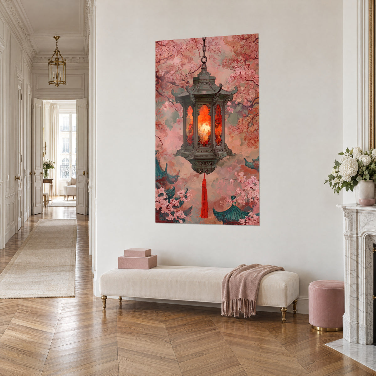 Quadro Lanterna ornata con vetrate ambrate, rami di ciliegio rosa pallido e tetti turchesi, appeso in un corridoio haussmanniano
