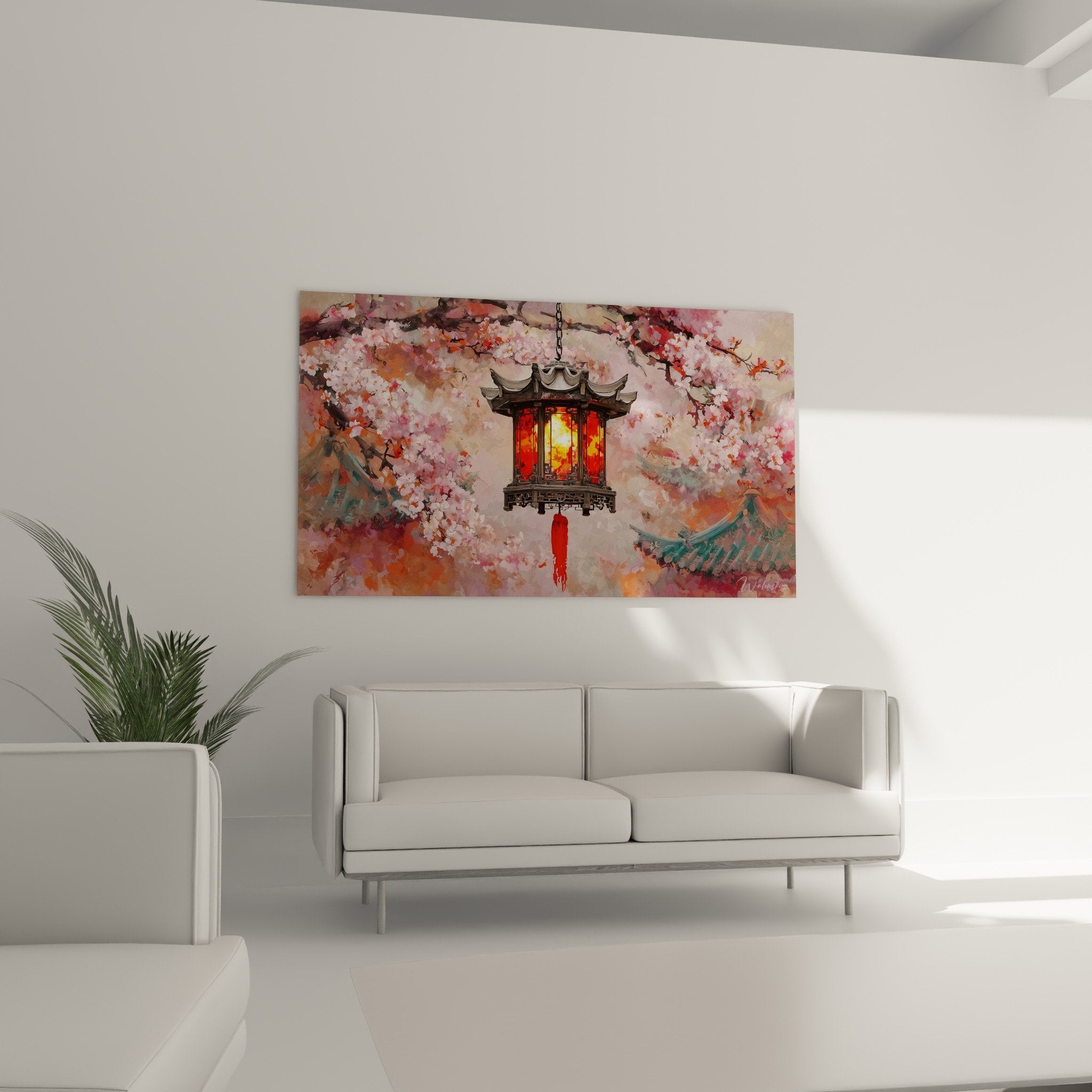Détail rapproché lanterne traditionnelle illuminée entourée de pétales de cerisier roses technique impressionniste