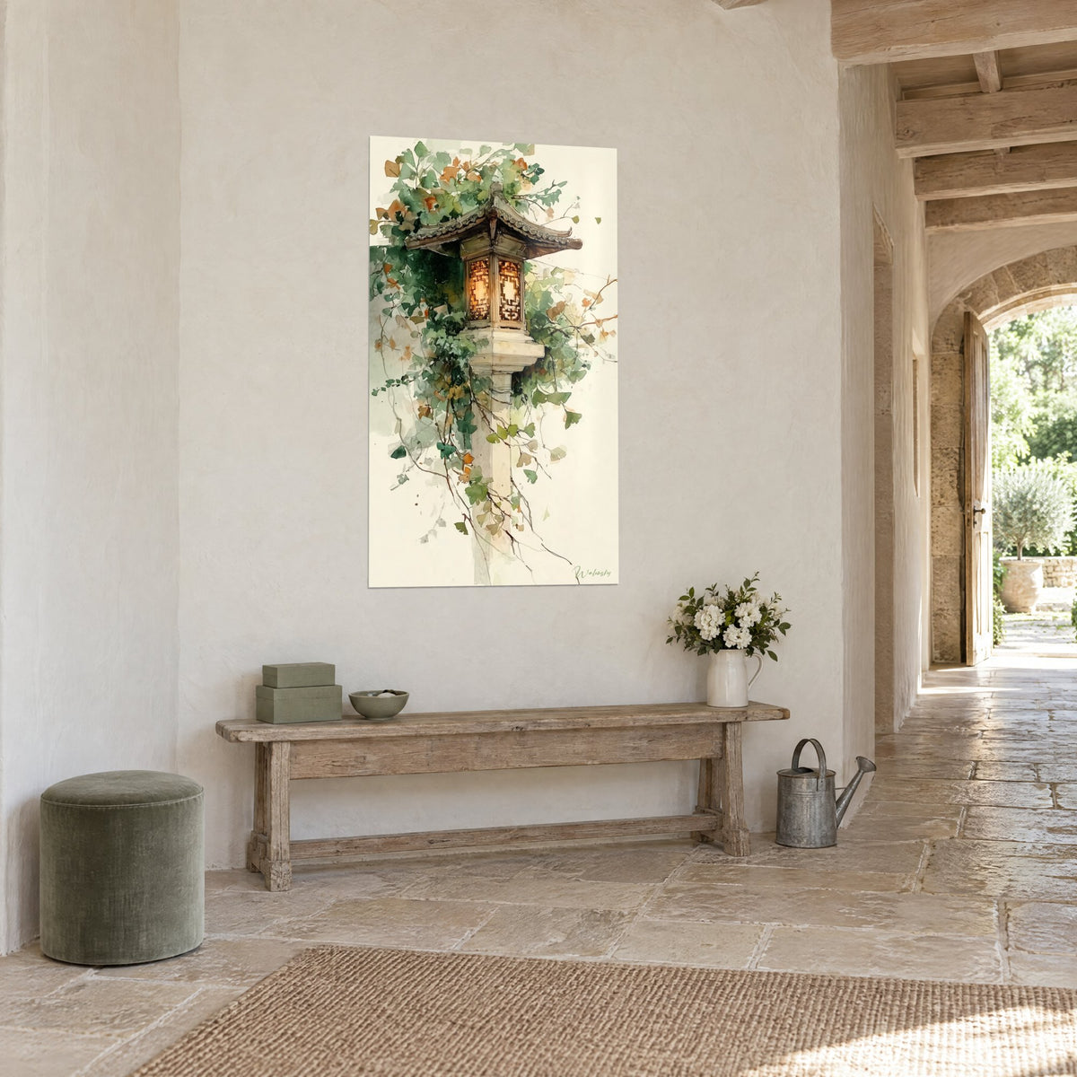 Cuadro de una pagoda luminosa con tejado de tejas, follaje verde salvia y ocre, colgado en vista de tres cuartos, casa de piedra