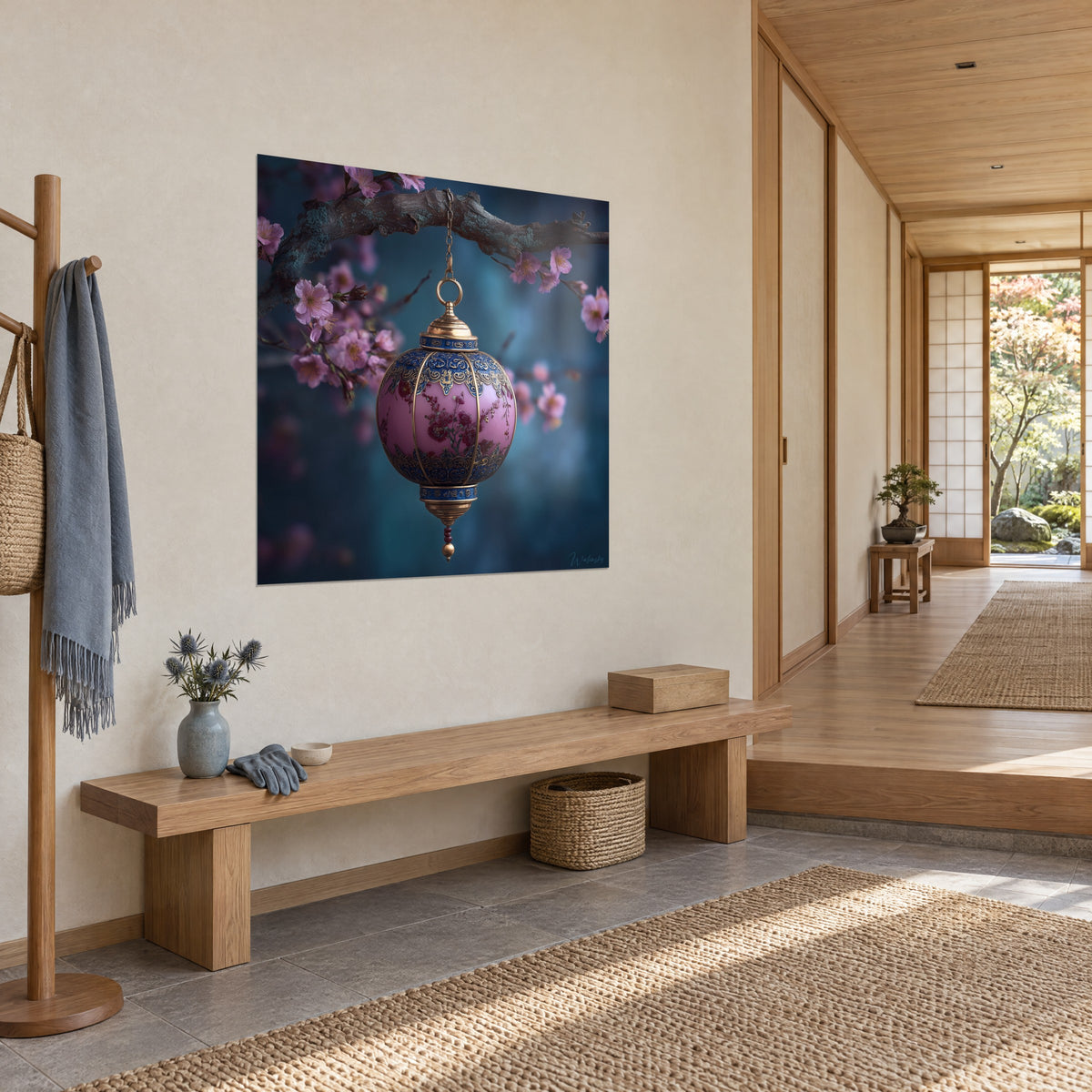 Quadro lampada cesellata in smalto rosa, fasce blu cobalto e ottone dorato, fiori di ciliegio su parete beige, vista a tre quarti