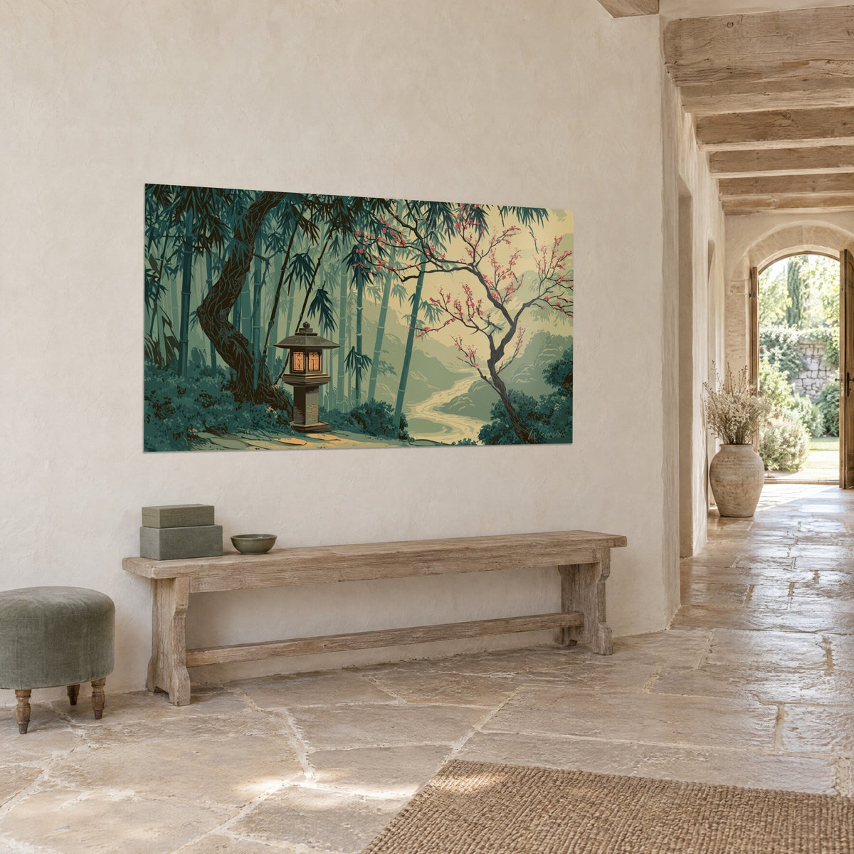 Quadro giardino giapponese, ramo di prugno rosa su cielo crema e bambù verde-grigio, vista di tre quarti su un muro di pietra
