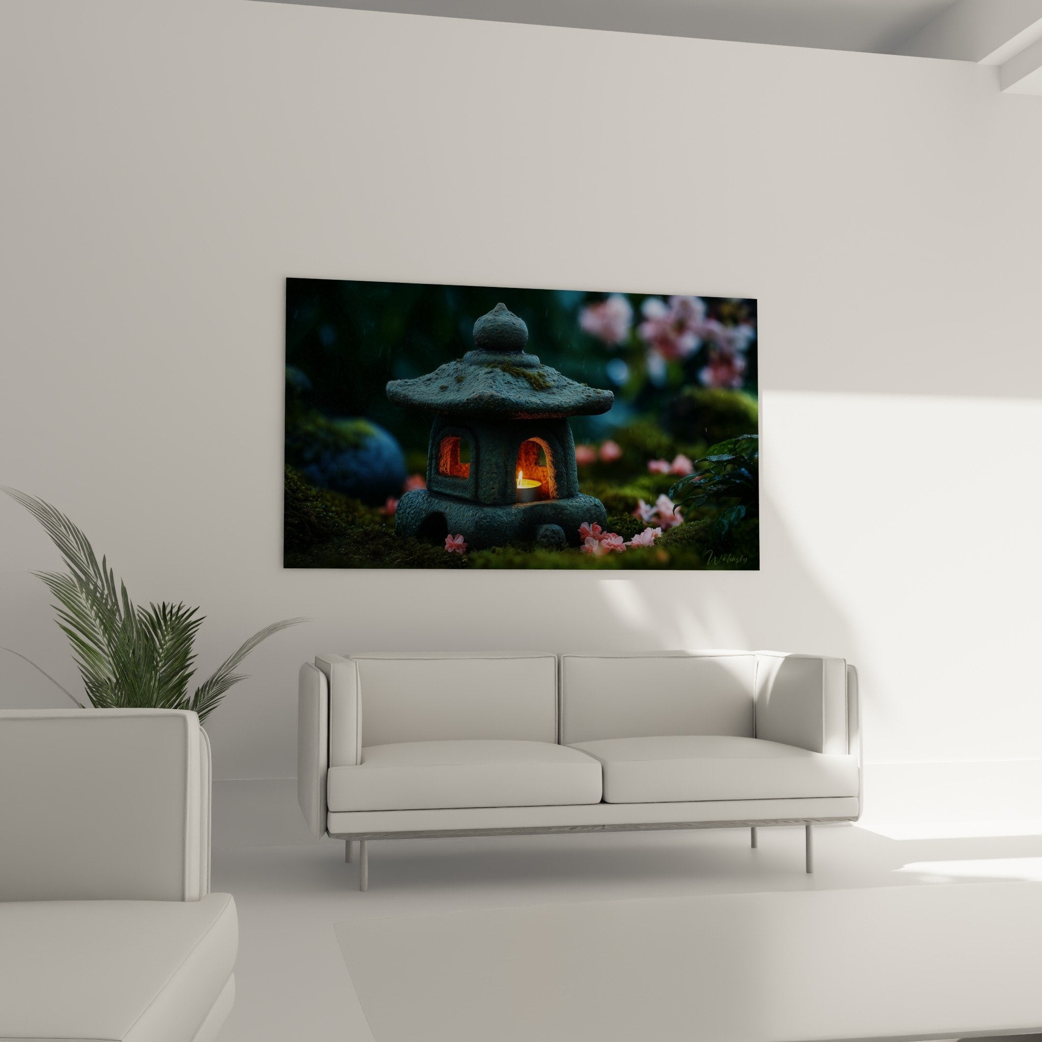 Détail rapproché lanterne japonaise pierre patinée lumière dorée pétales cerisier roses mousse