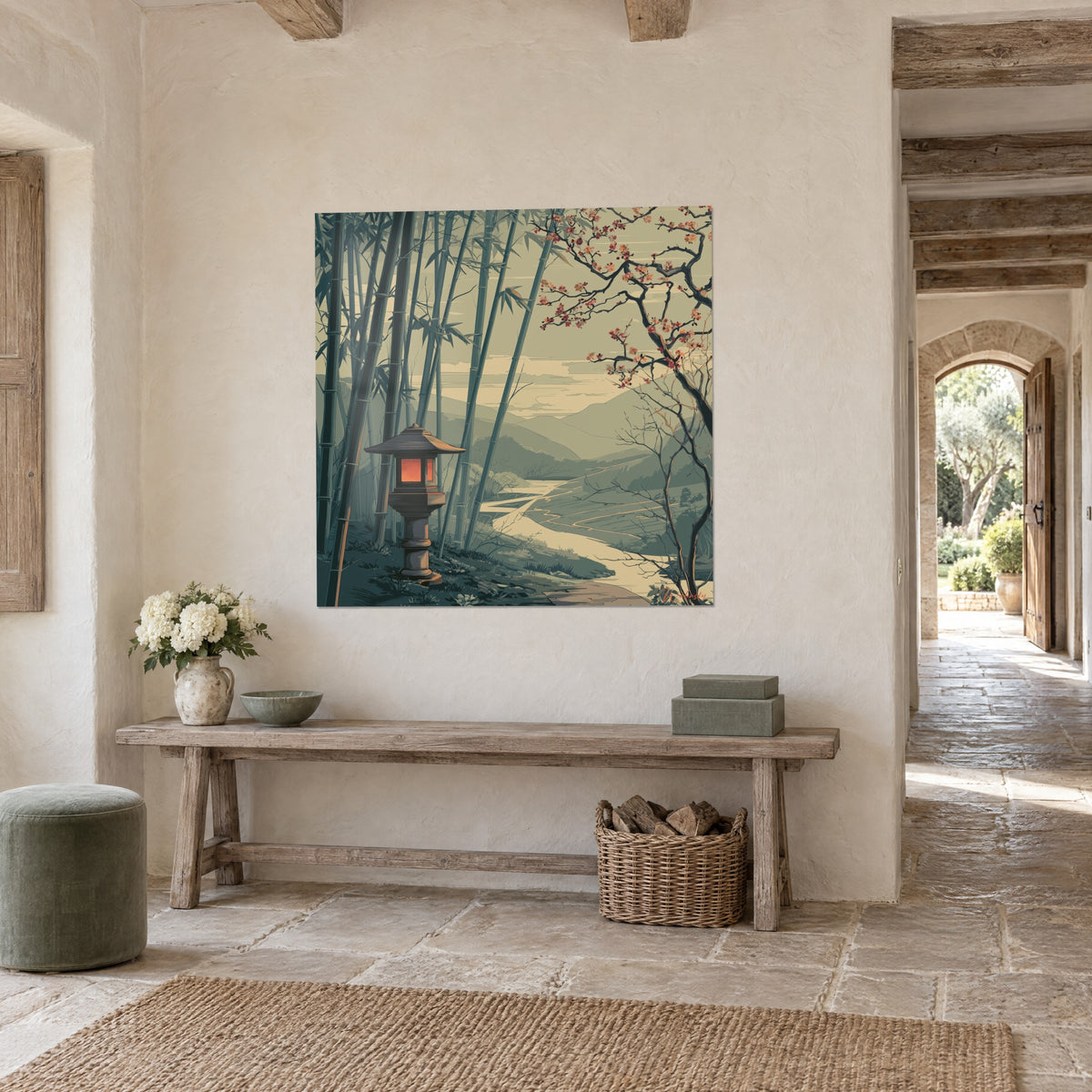 Quadro paesaggio giapponese con alti bambù blu-grigio, ramo di ciliegio rosa e corallo a destra, su una parete color crema in fondo a una consolle in legno