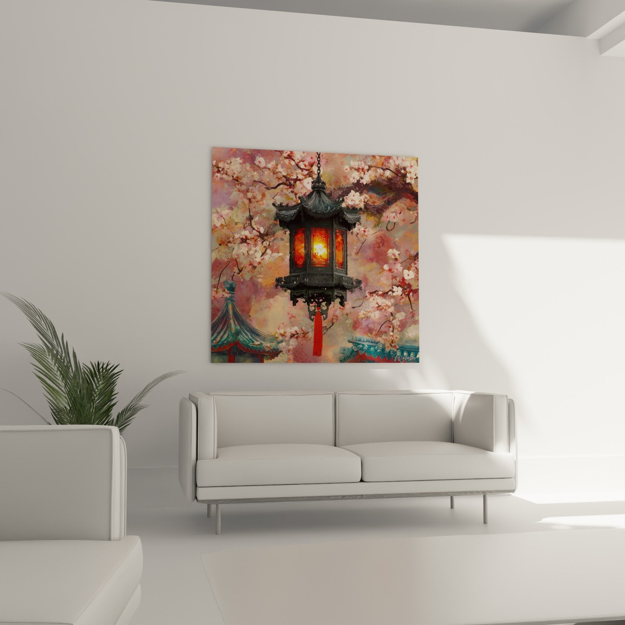 Detail traditional Asian lantern golden light pink cherry blossom petals oriental art