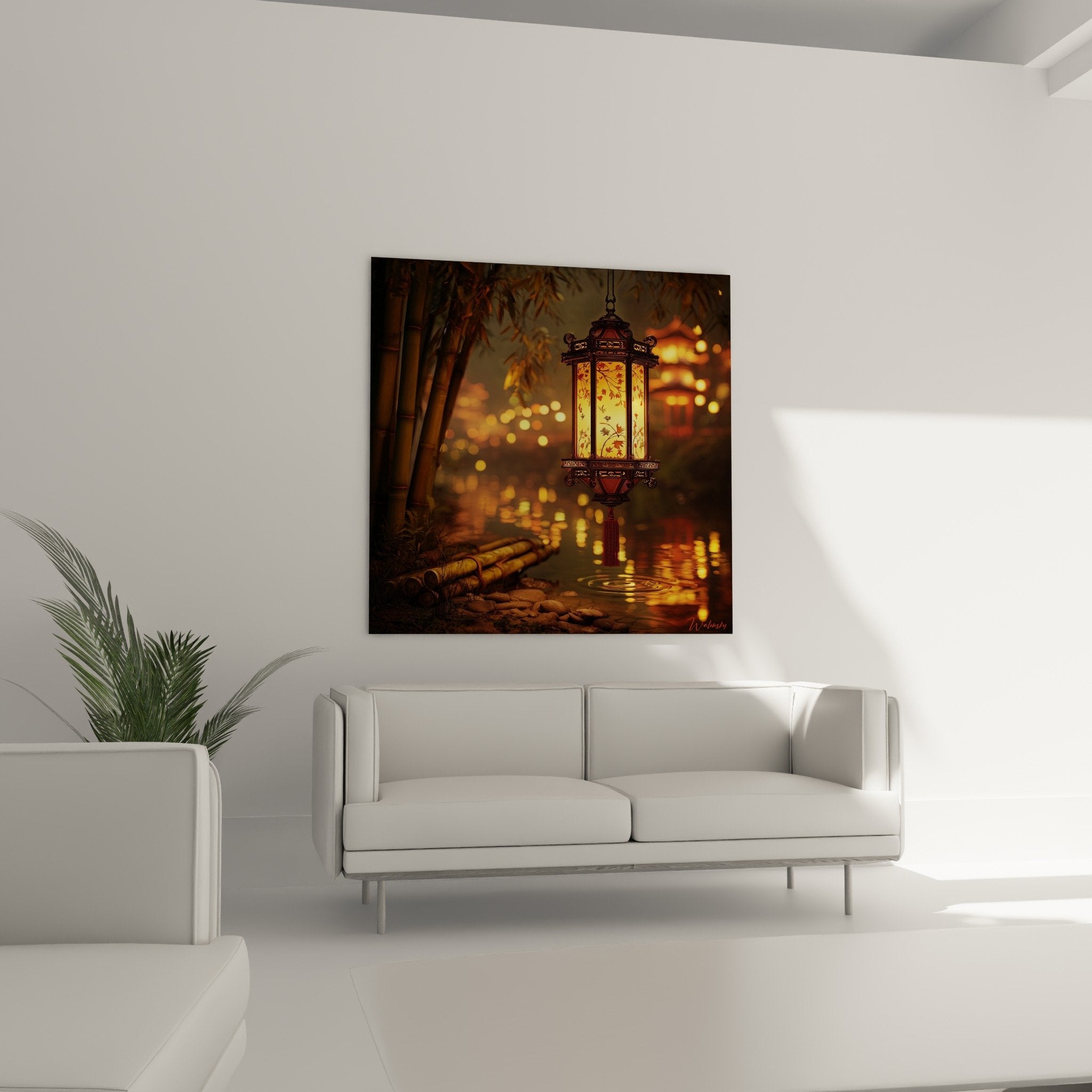 Traditional lantern detail with floral patterns golden copper Asian art wall decoration