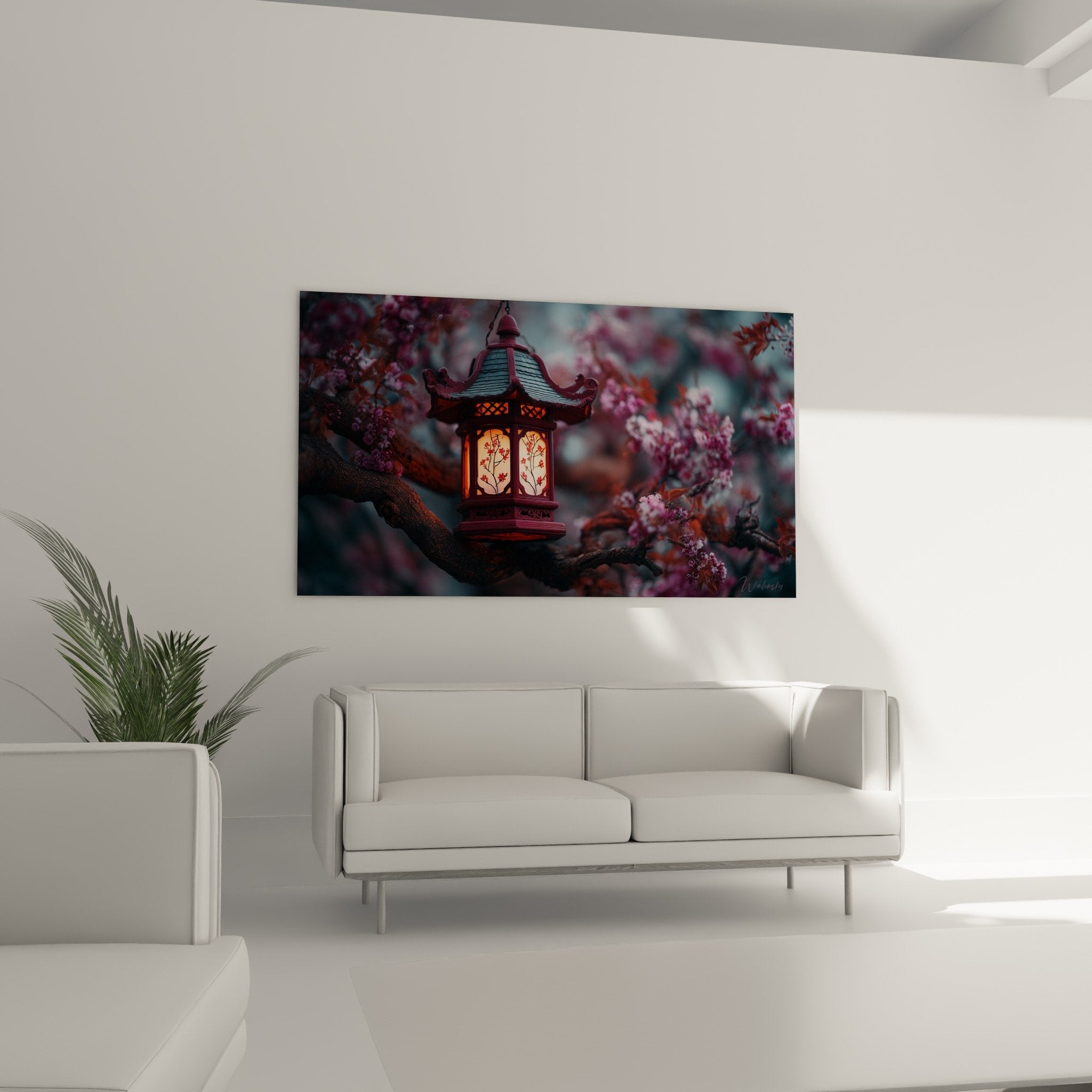 Detail lanterne traditionnelle japonaise panneaux dores motifs floraux graves lumiere chaude cerisier