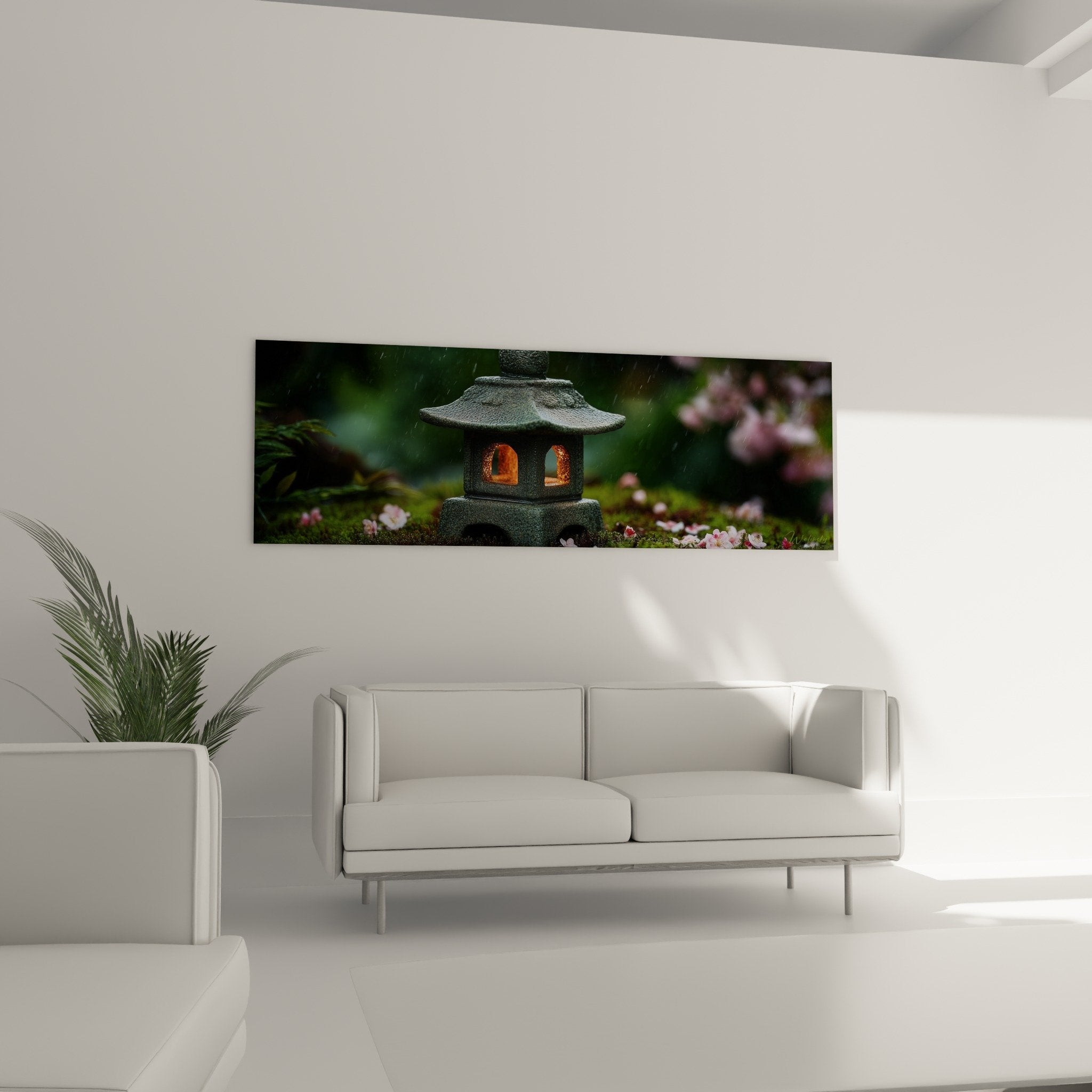 Détail rapproché lanterne traditionnelle japonaise, texture pierre patinée, lumière dorée filtrant par ouvertures
