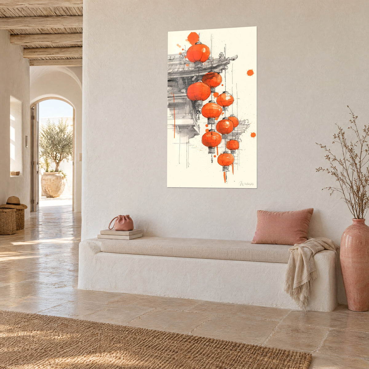 Wall art cluster of orange paper lanterns on a cream background, vermilion and grey ink splashes, white bench and pink vase in a Mediterranean house