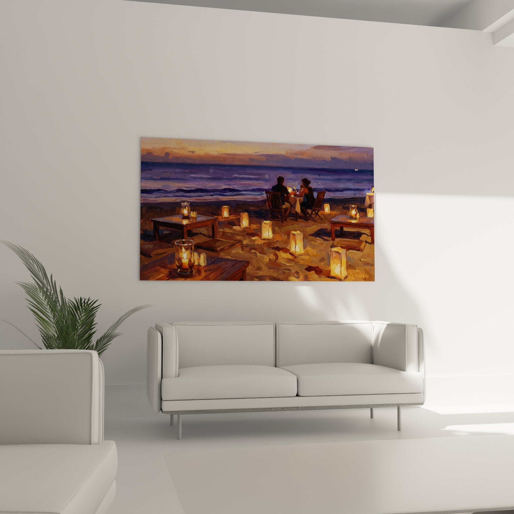 Detail tableau lanternes dorees plage sable coucher soleil peinture romantique tropical Bali