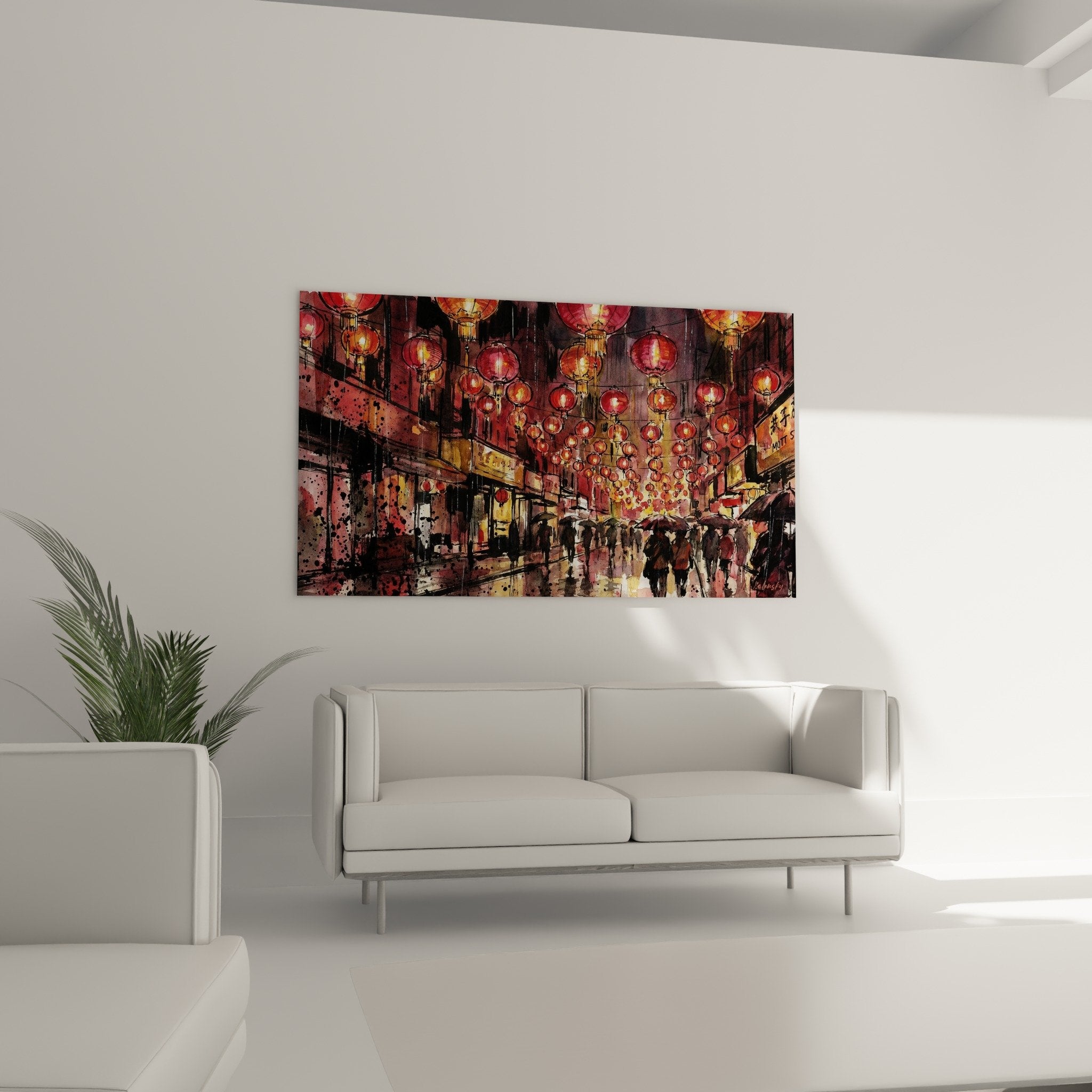 Detail tableau lanternes rouges dorées technique aquarelle eclaboussures couleurs chaudes