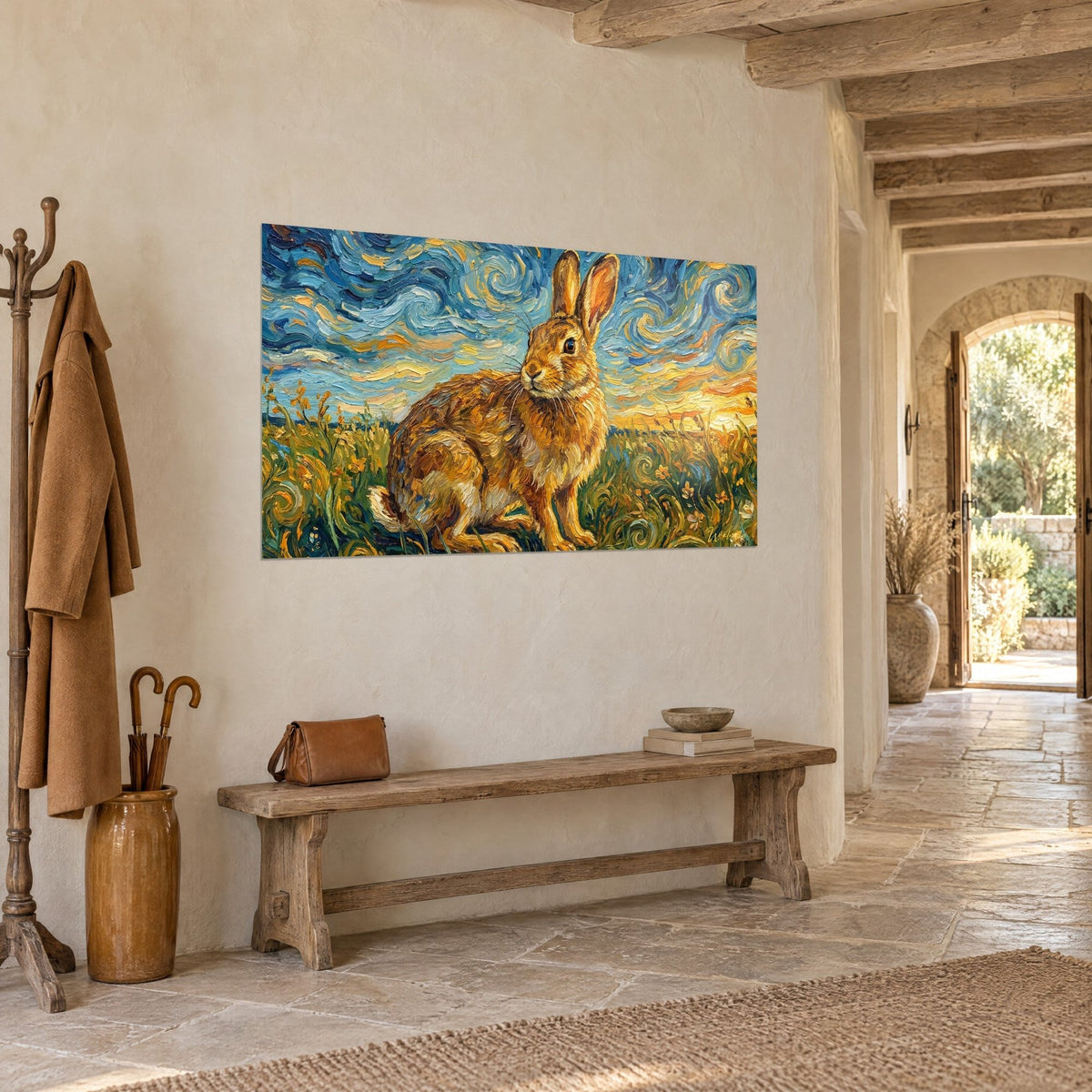 Wall art red hare with upright ears, green grass and swirling turquoise sky, textured plaster wall beside a stone arch
