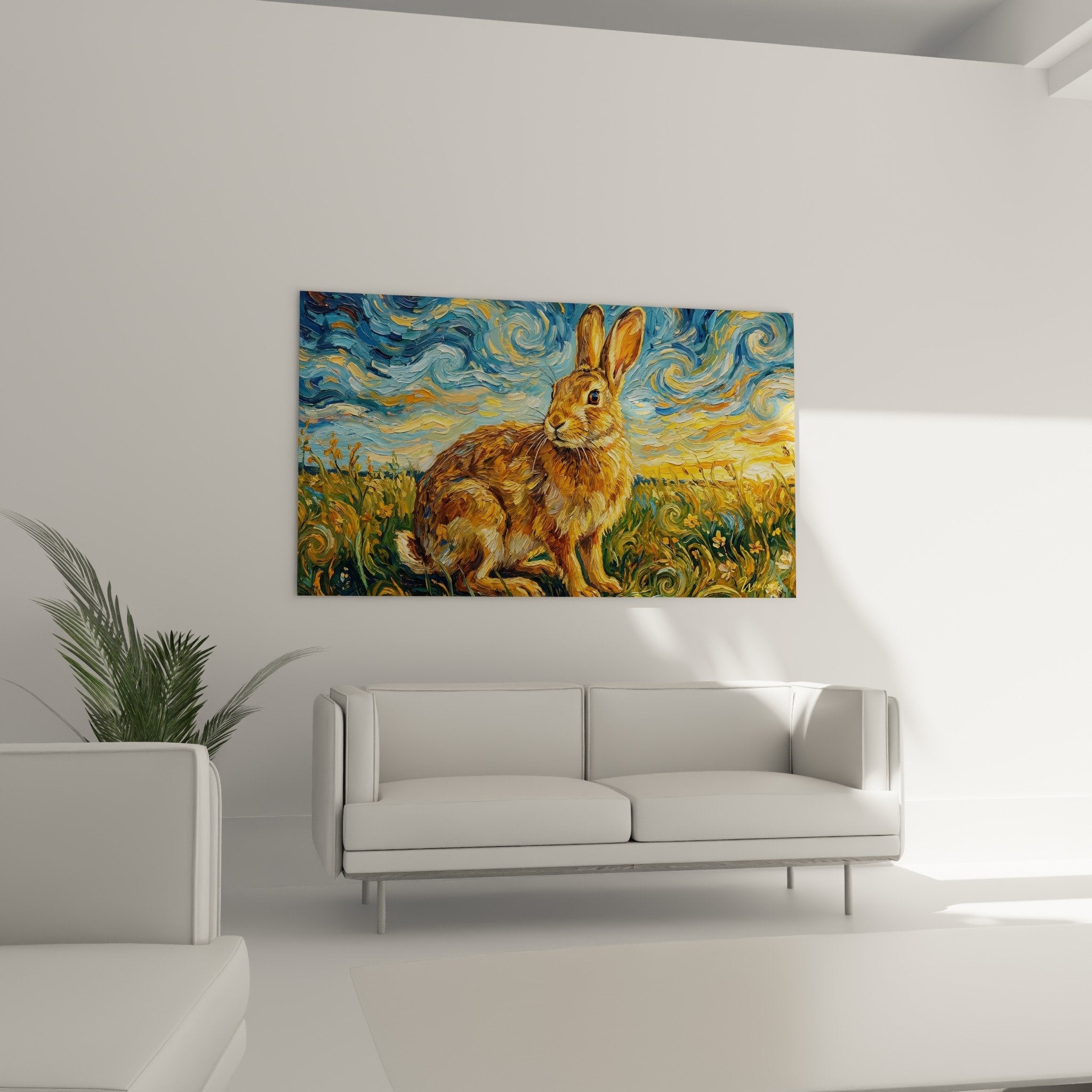 Brown rabbit detail with reddish fur golden ears expressive brushstrokes textured painting swirling colors