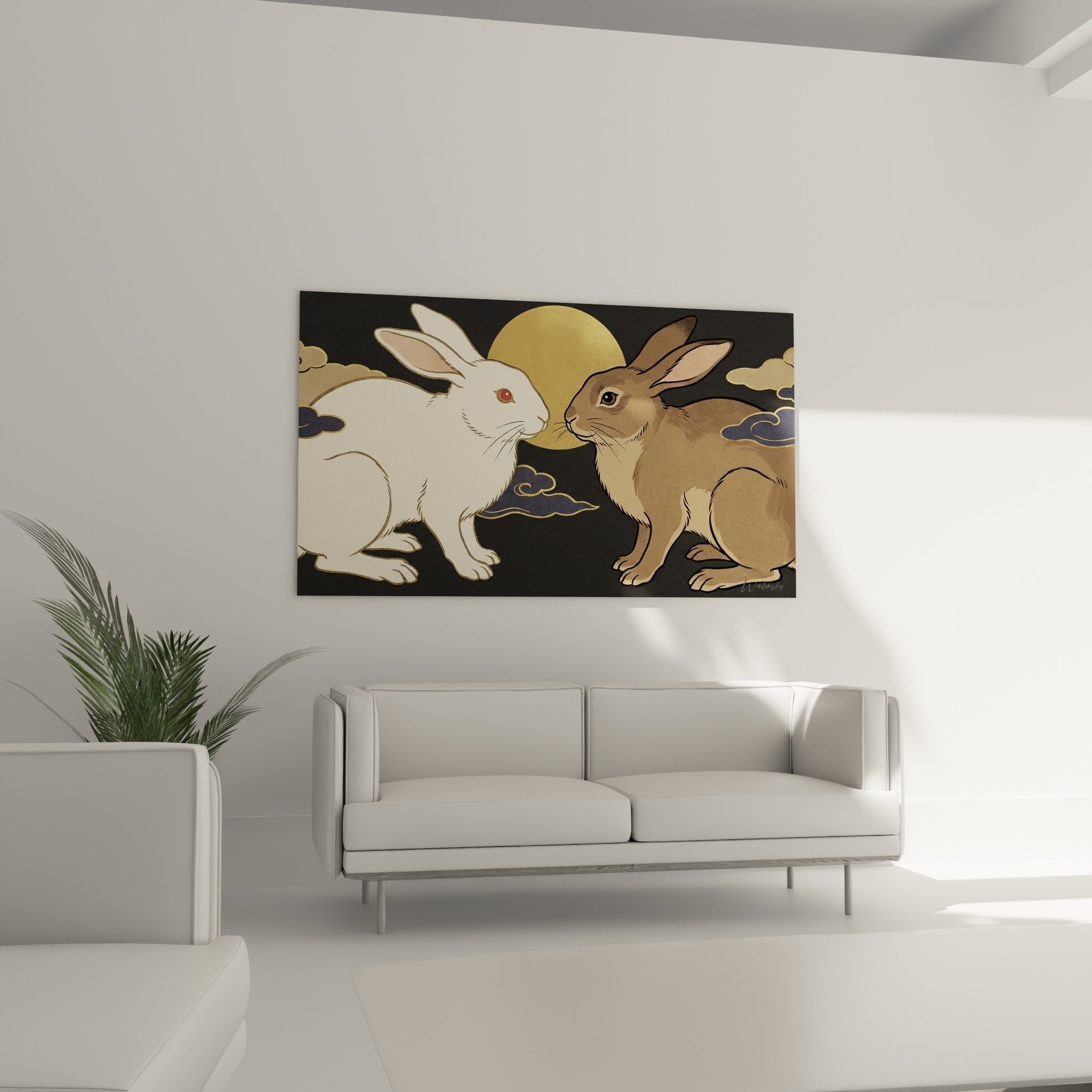Detailaufnahme Gemälde weiße und braune Kaninchen, die sich an den Schnauzen berühren, goldener Mond und Wolken