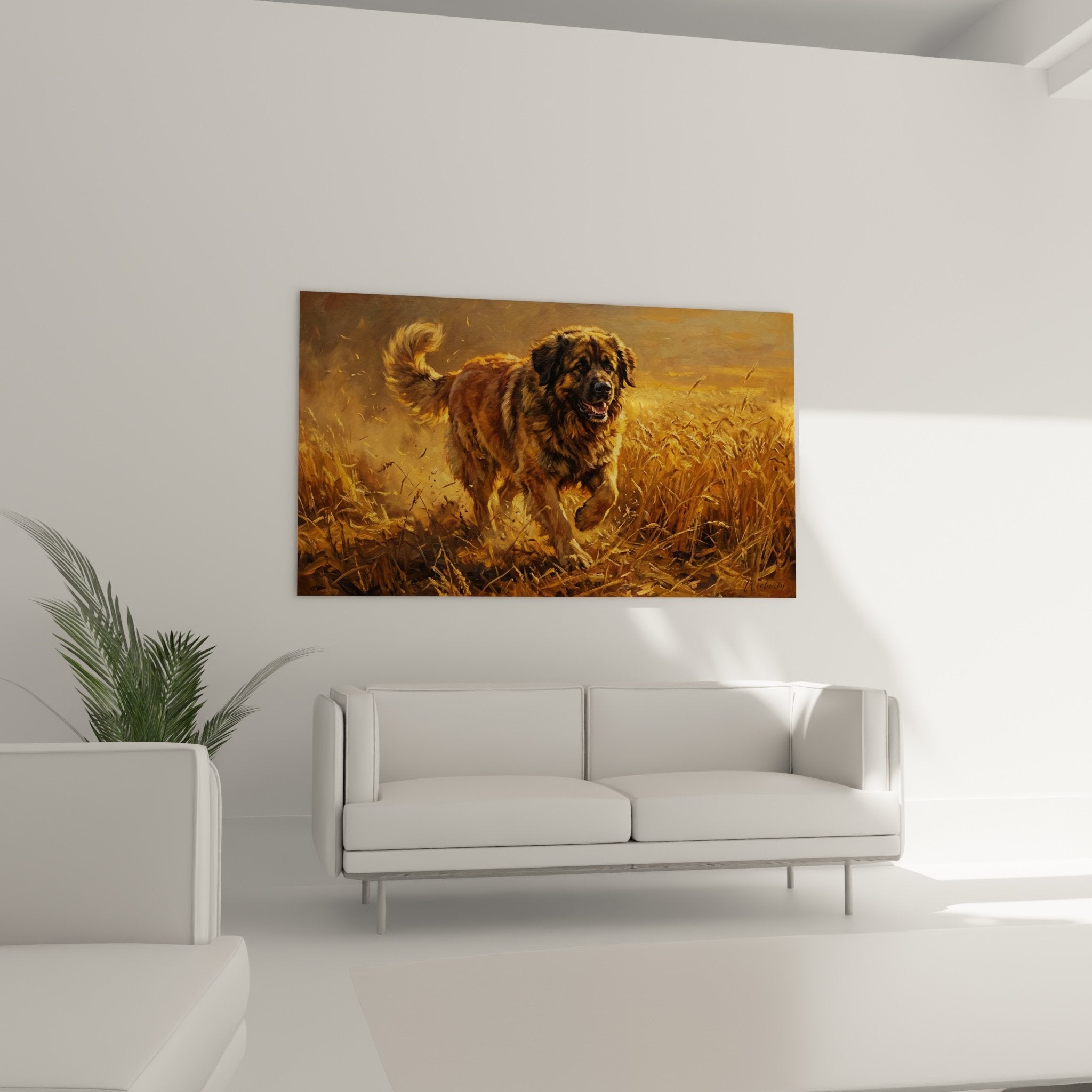 Détail tableau leonberg fourrure fauve herbes dorées technique picturale impressionniste lumière