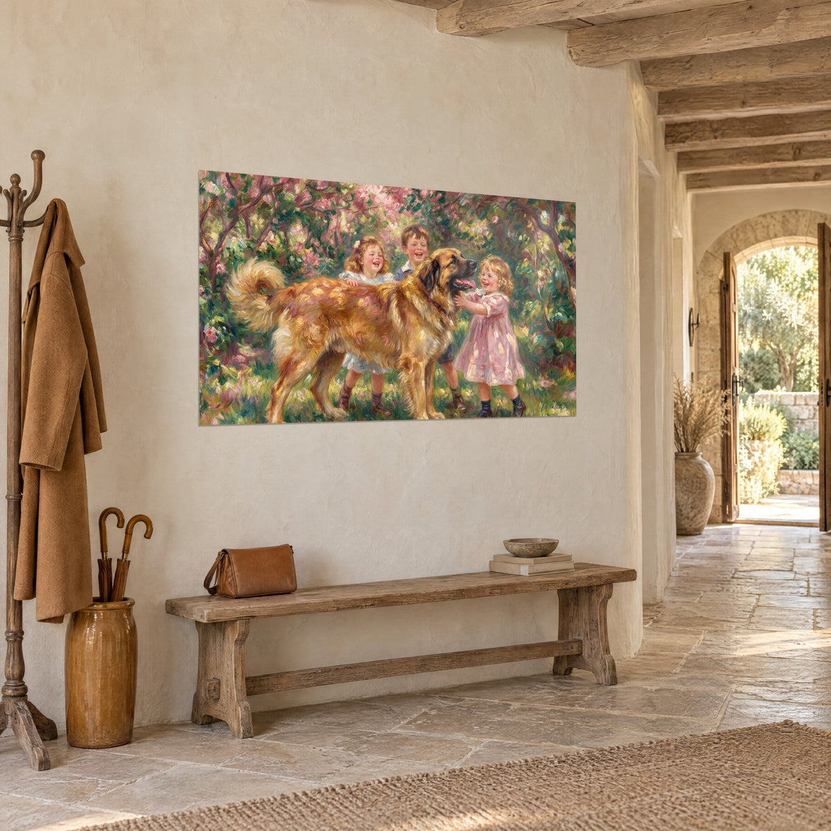 Wall art trio of children and giant golden dog in a blossoming orchard, powdery pink and leafy green, stone entrance