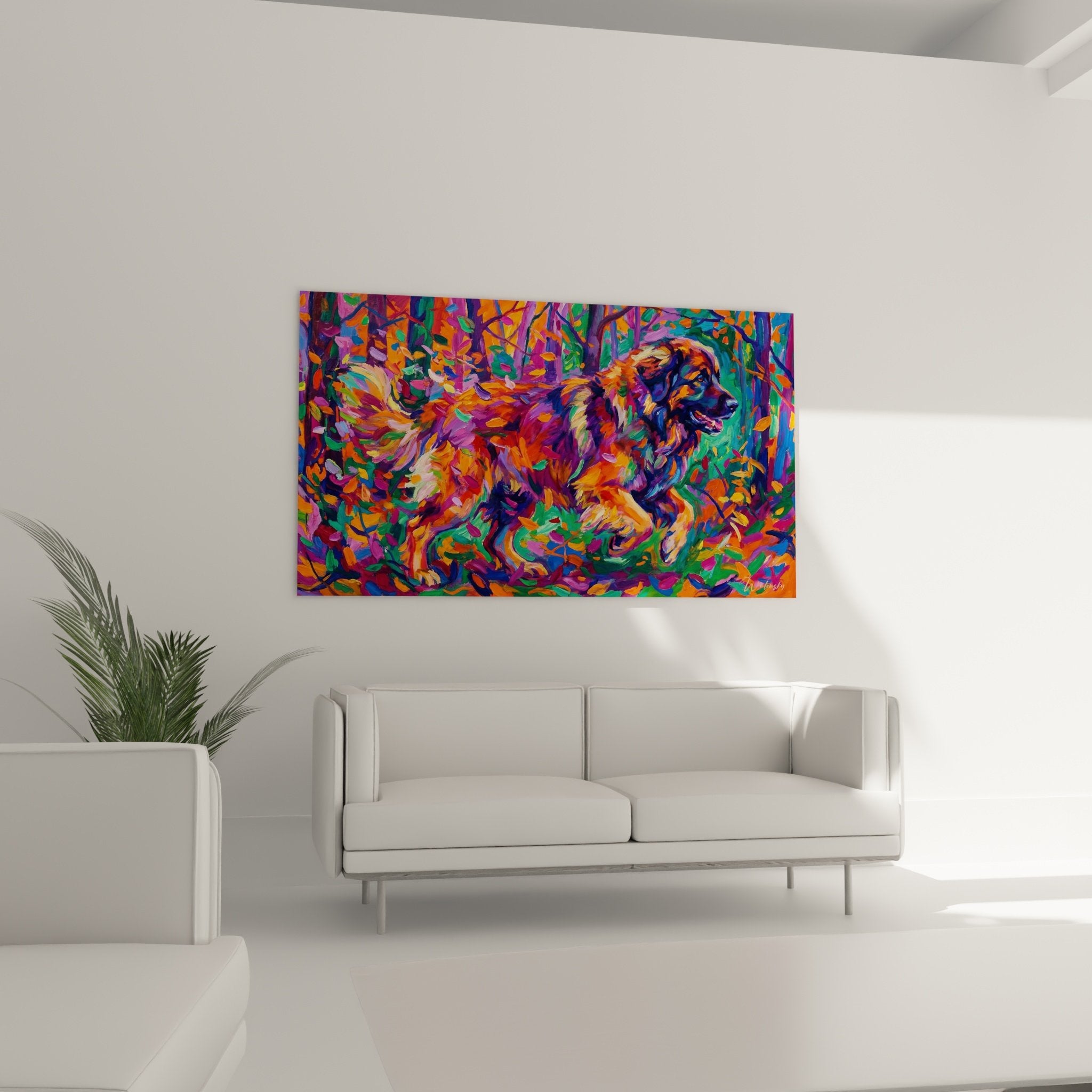 Detailaufnahme des Gemäldes Leonberg mit expressionistischer Pinseltechnik, vermischte Orange-, Violett- und Grüntöne