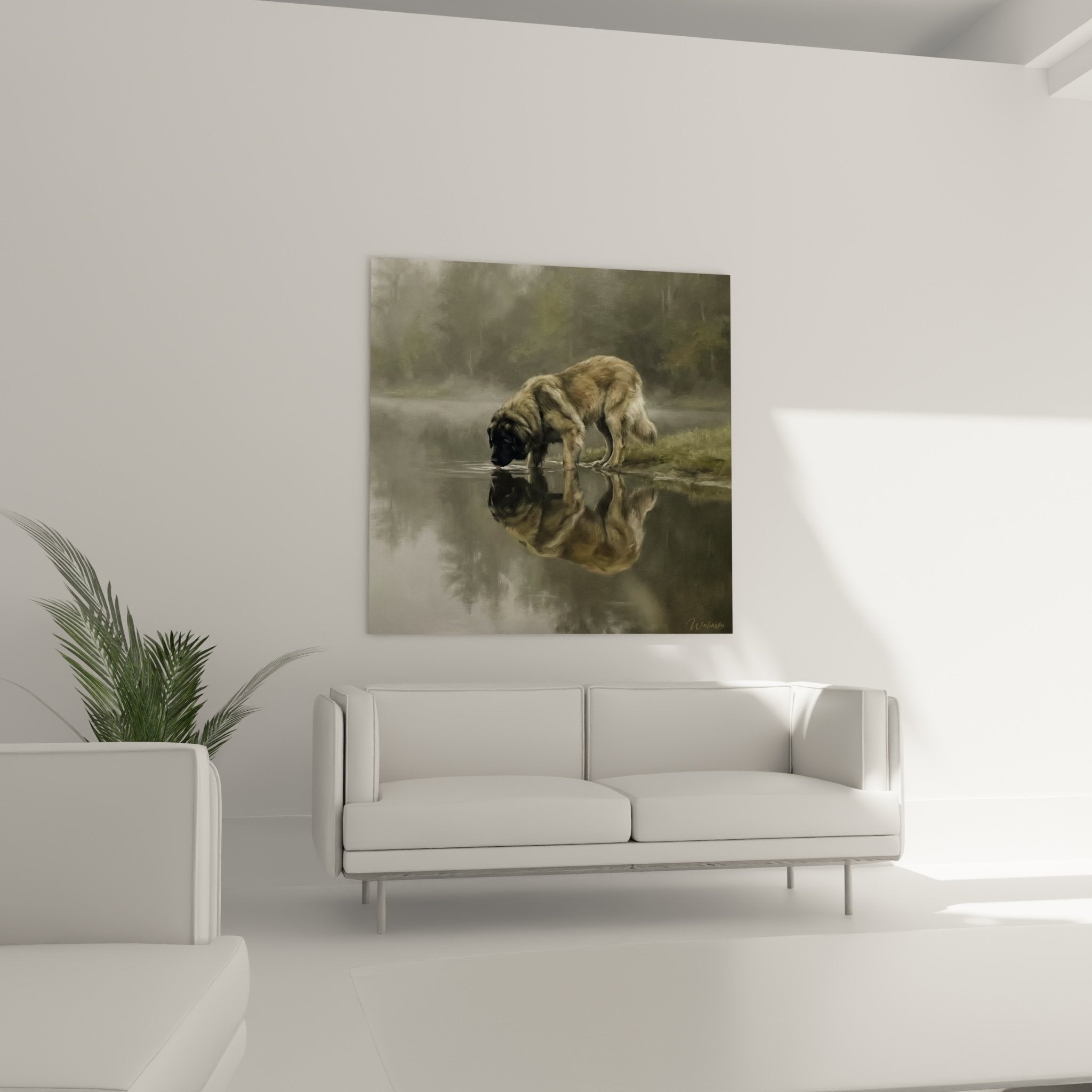Détail rapproché chien Leonberg et son reflet dans l'eau, pelage doré texture réaliste, art animalier