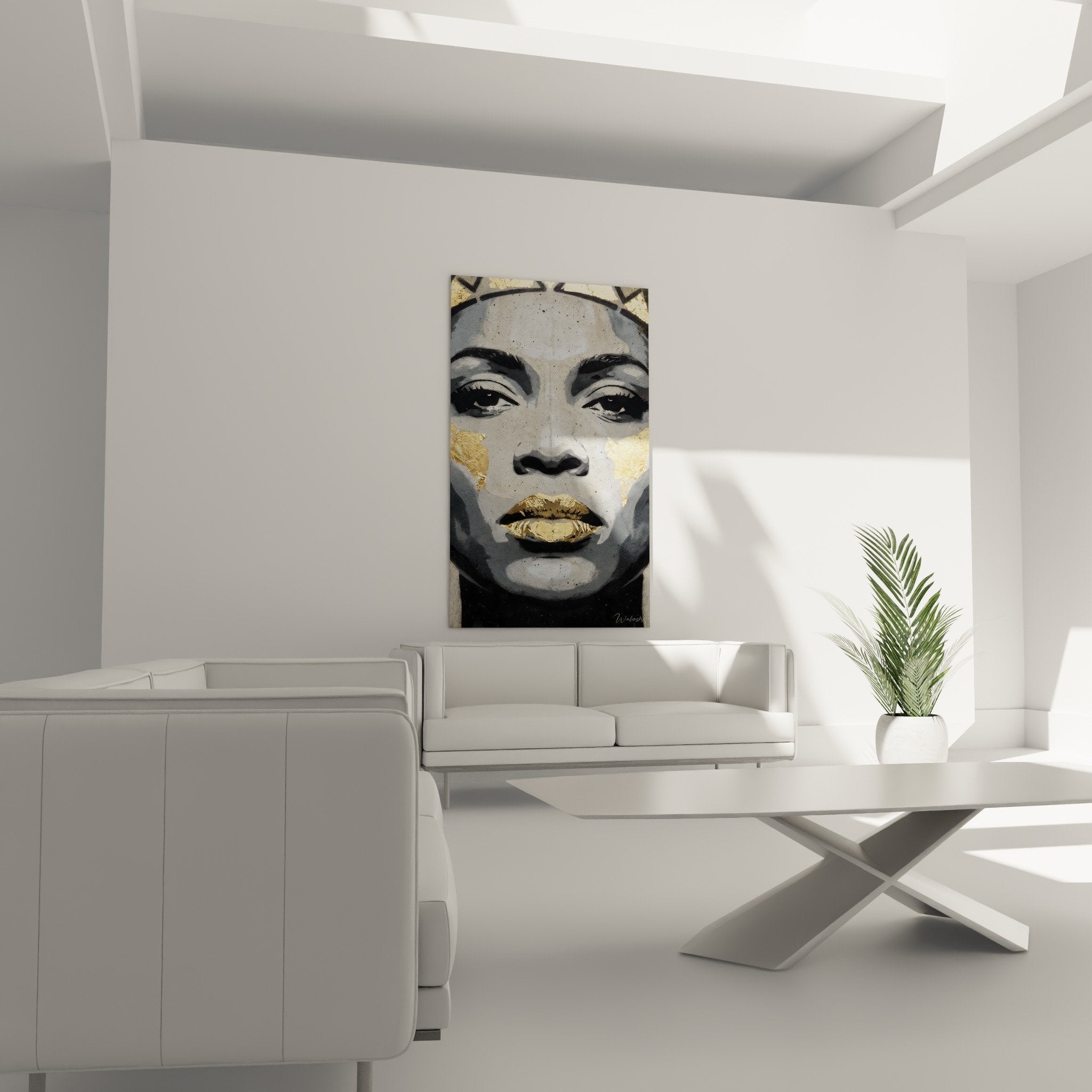 Detail portrait street art levres dorees touches or visage feminin noir blanc art urbain contemporain