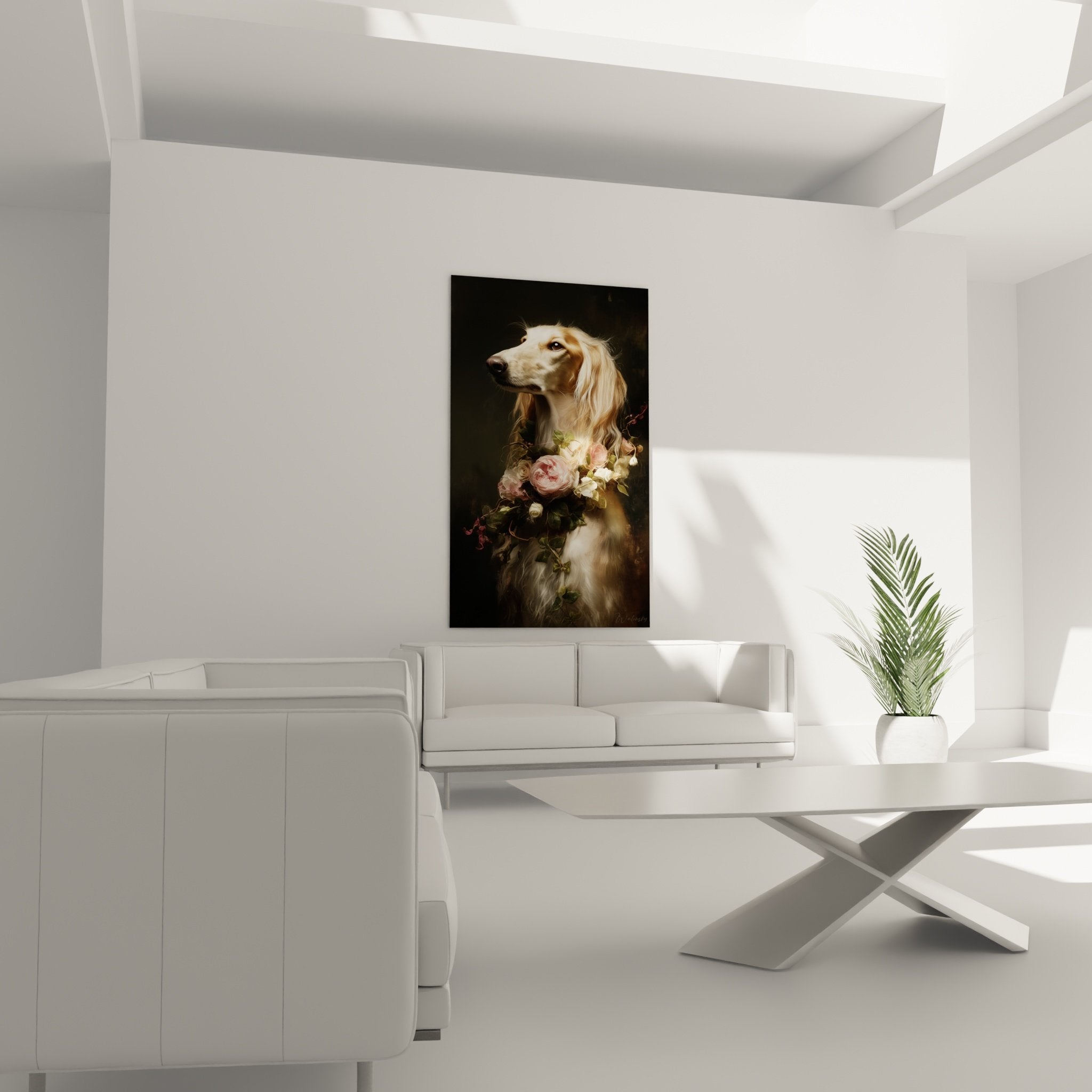 Détail portrait Lévrier Afghan avec couronne florale roses - Pelage doré soyeux