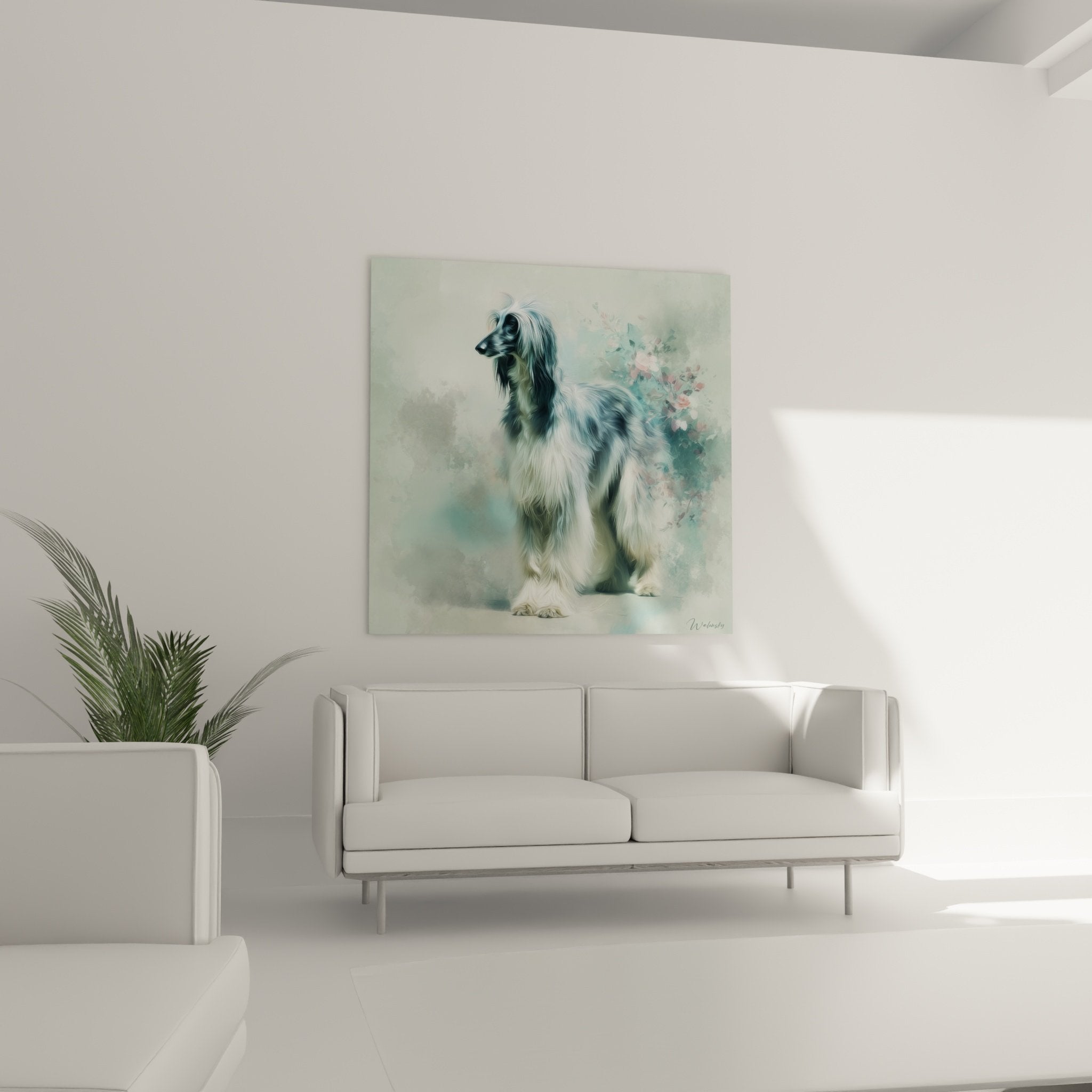 Dettaglio quadro levriero afghano, mantello grigio argentato setoso e delicati fiori rosa, tecnica artistica soft