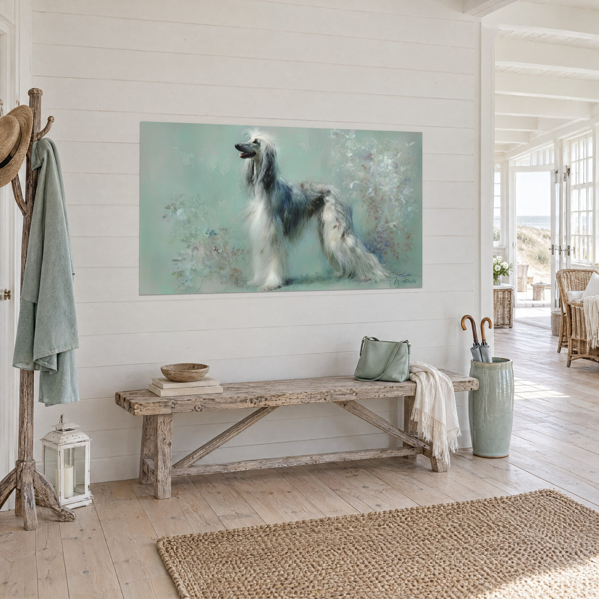 Wall art of an aristocratic dog with silver-grey and midnight-blue coat, pastel pink flowers, on a white slatted wall beside a bench