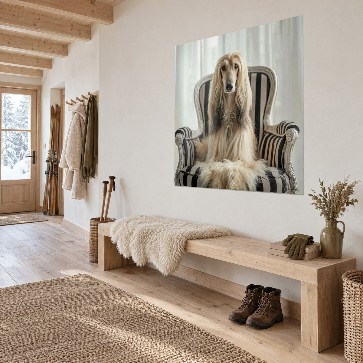 Tableau chien aristocrate à la fourrure blond sable et aux oreilles brunes, trônant sur un fauteuil baroque, au-dessus d'un banc en bois