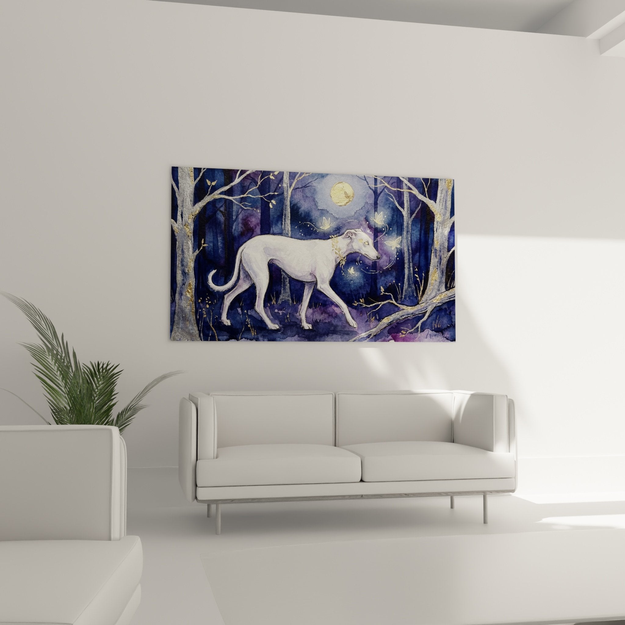 Détail rapproché lévrier greyhound blanc avec papillons dorés sur fond violet nuit