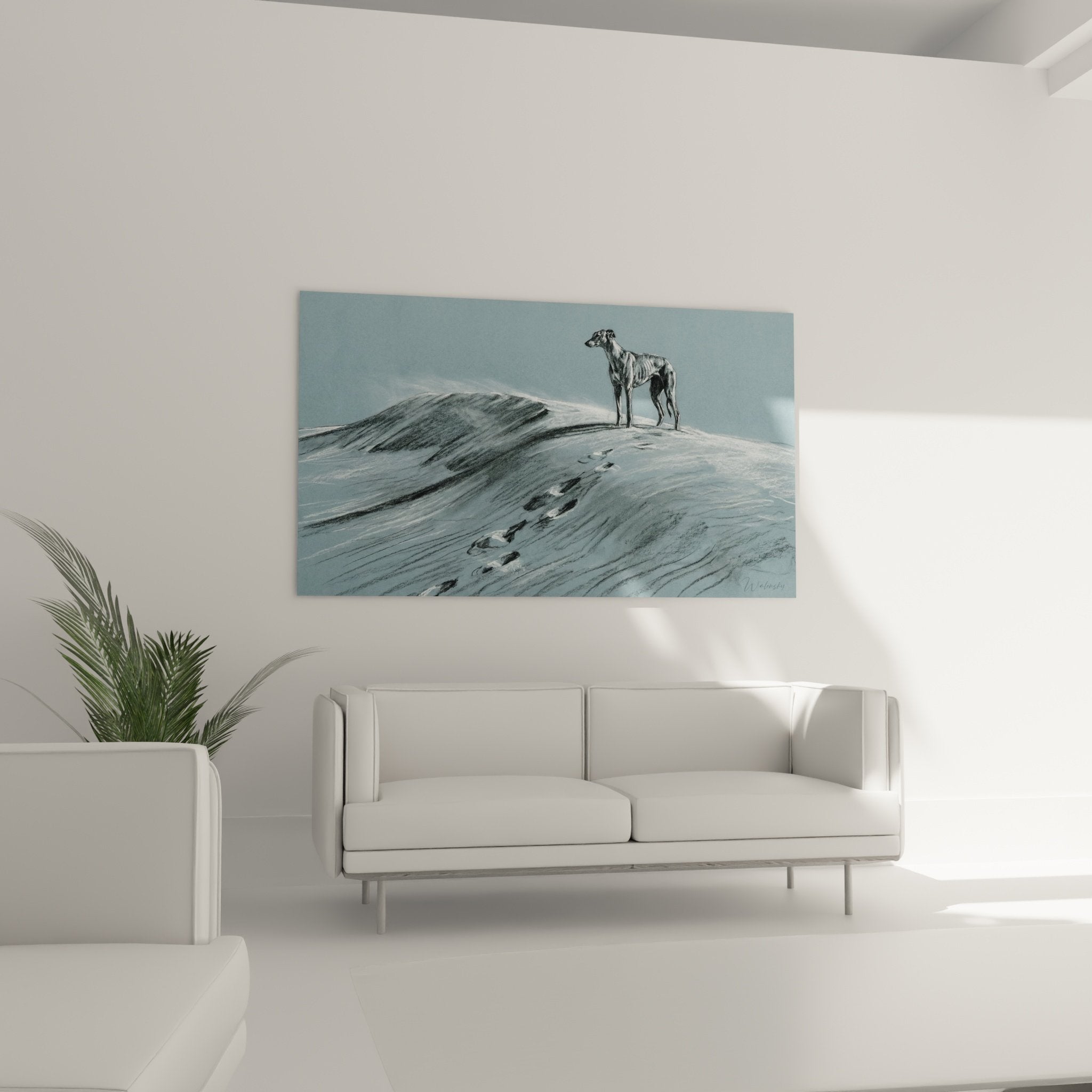 Detail Windhund Greyhound auf verschneiter Düne mit Pfotenabdrücken im Schnee blaue Nuancen poetische realistische Kunst