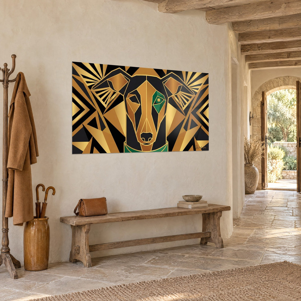 Gemälde Greyhound im Art-déco-Stil mit goldenen und schwarzen Strahlen, smaragdgrünes Auge, neben einer Holzbank, Dreiviertelansicht im Eingangsbereich