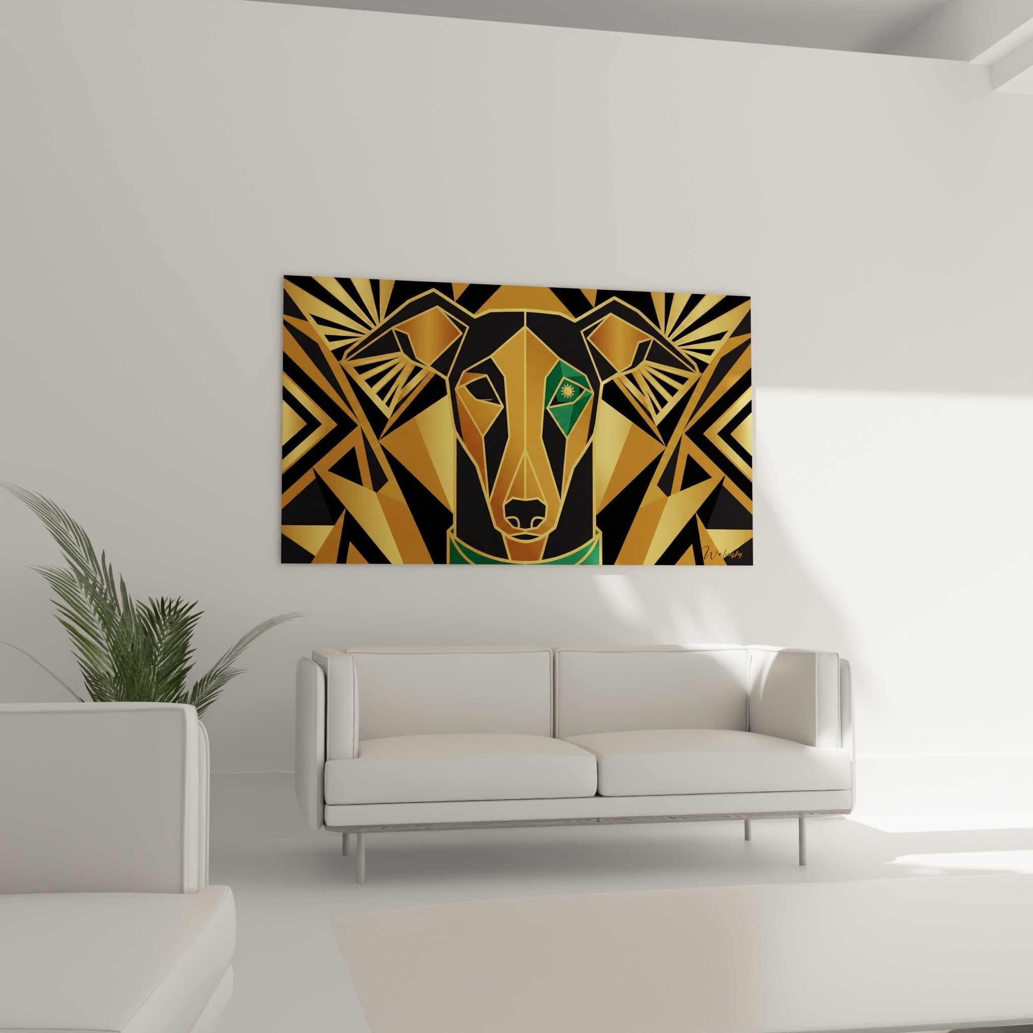 Détail tableau lévrier greyhound facettes dorées géométriques reflets lumineux style polygonal art déco moderne