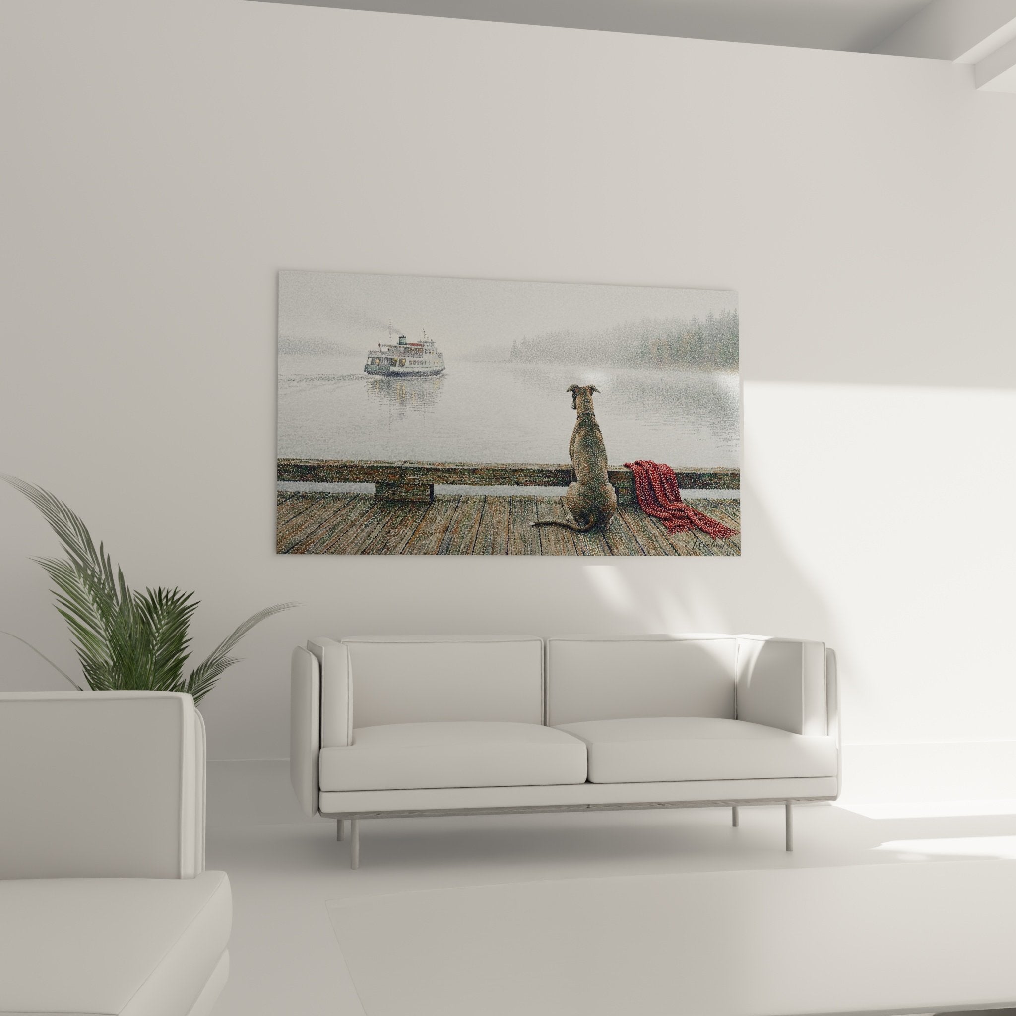 Detail tableau levrier greyhound assis ponton couverture rouge technique pointilliste