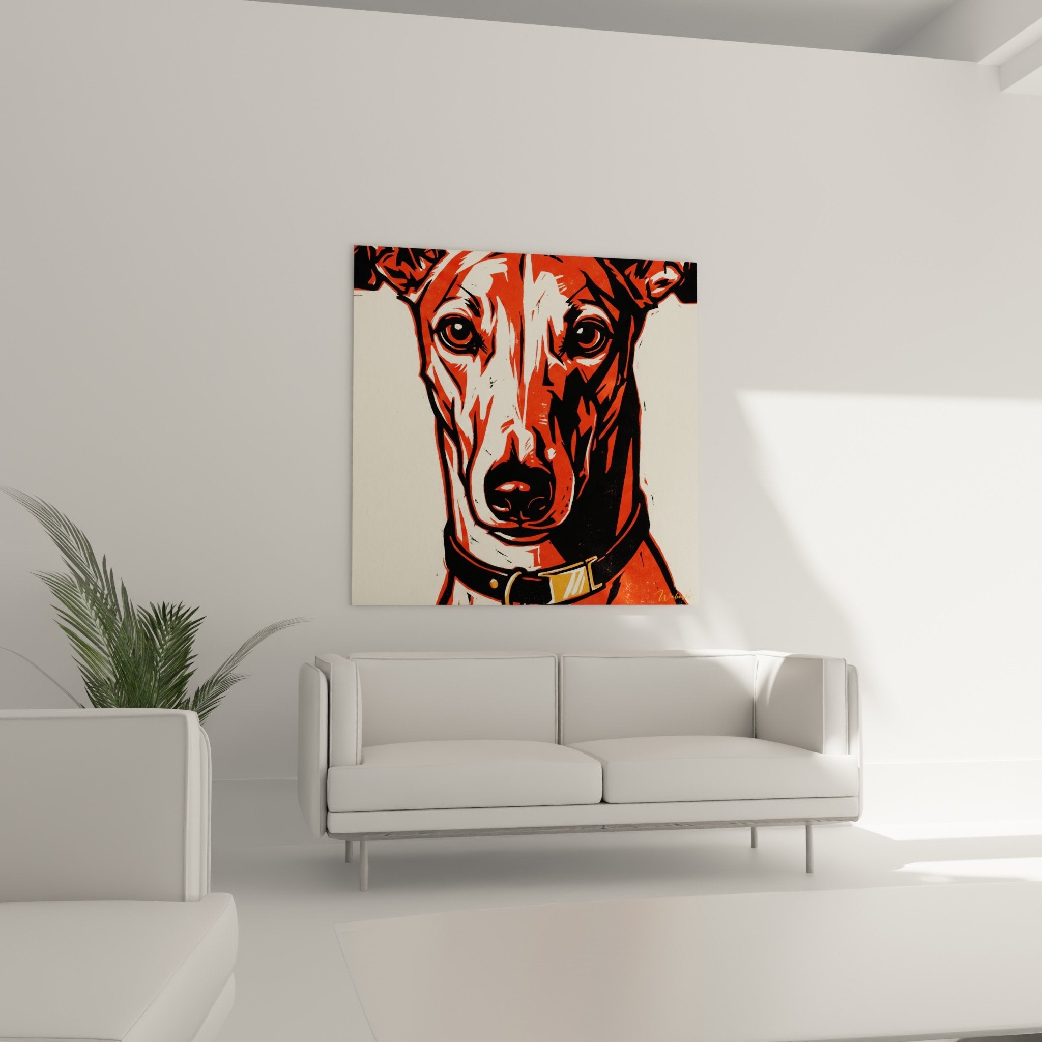 Detailporträt Windhund Greyhound ausdrucksstarke Augen Pop-Art-Technik Rot Schwarz künstlerischer Kontrast