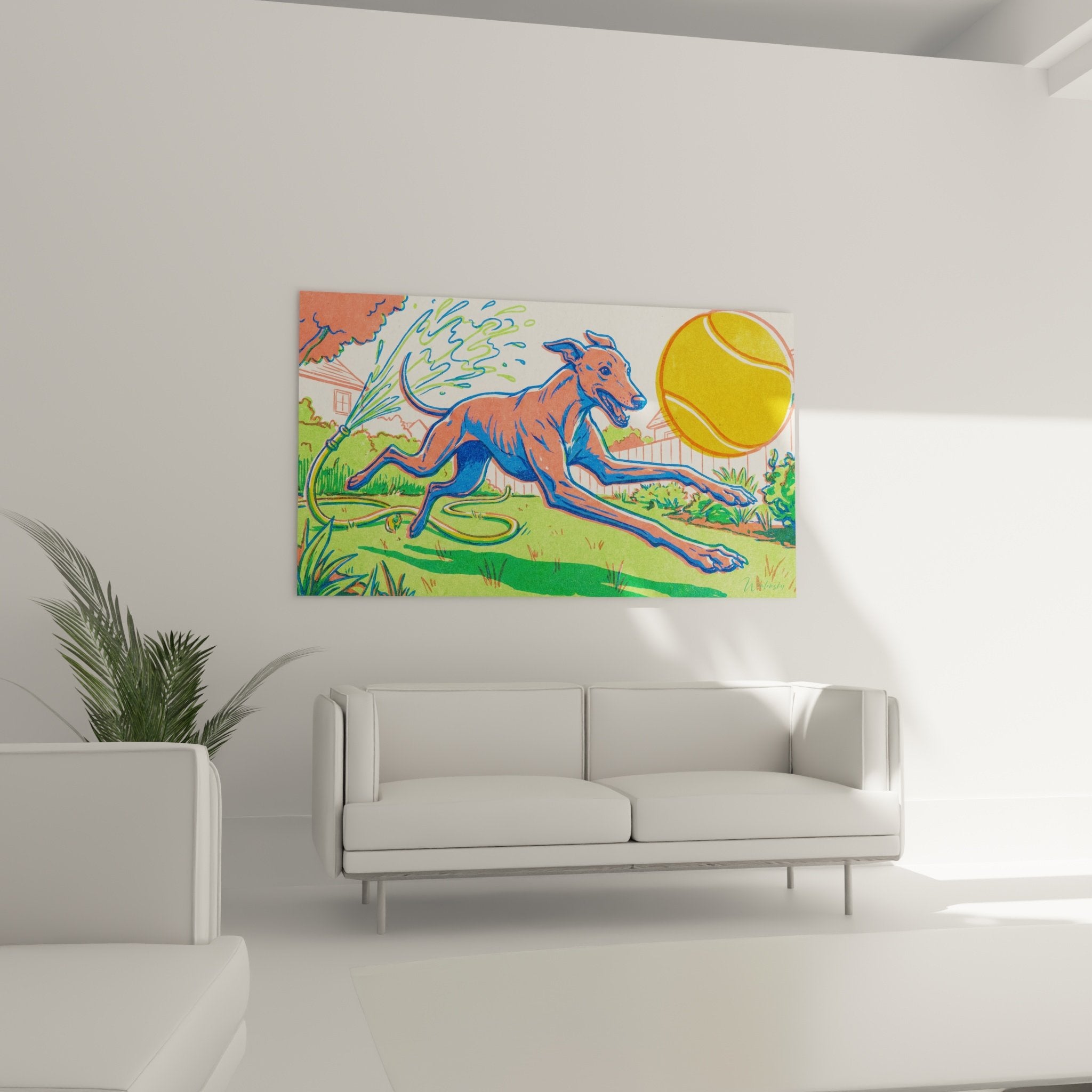 Detail Greyhound-Gemälde rot und blau Pop-Art-Stil Vintage mit Tennisball und Gießkanne