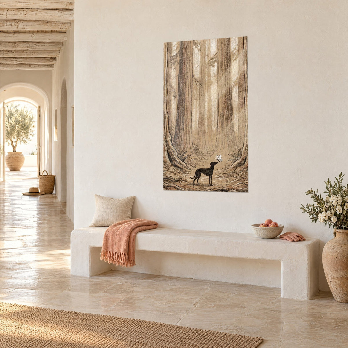 Wall art slender dog in dark silhouette at the base of ochre and brown tree trunks, three-quarter view in a Mediterranean hallway