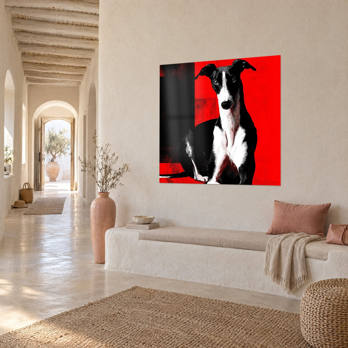 Wall art slender dog with white muzzle sitting in front of a flat black and red backdrop, three-quarter view, beige wall and bench seat