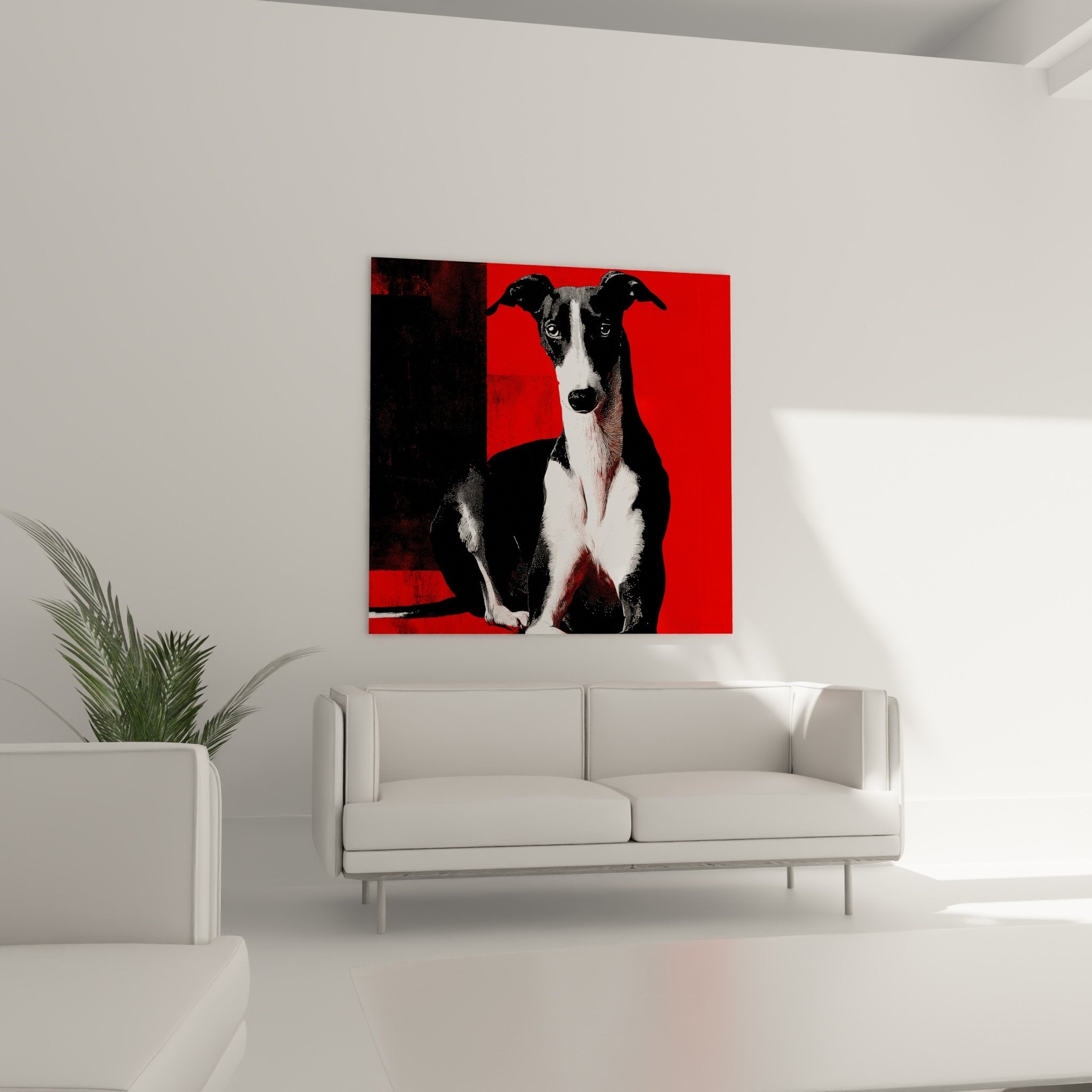 Gros plan tableau levrier whippet pelage noir blanc detail artistique fond rouge contraste saisissant