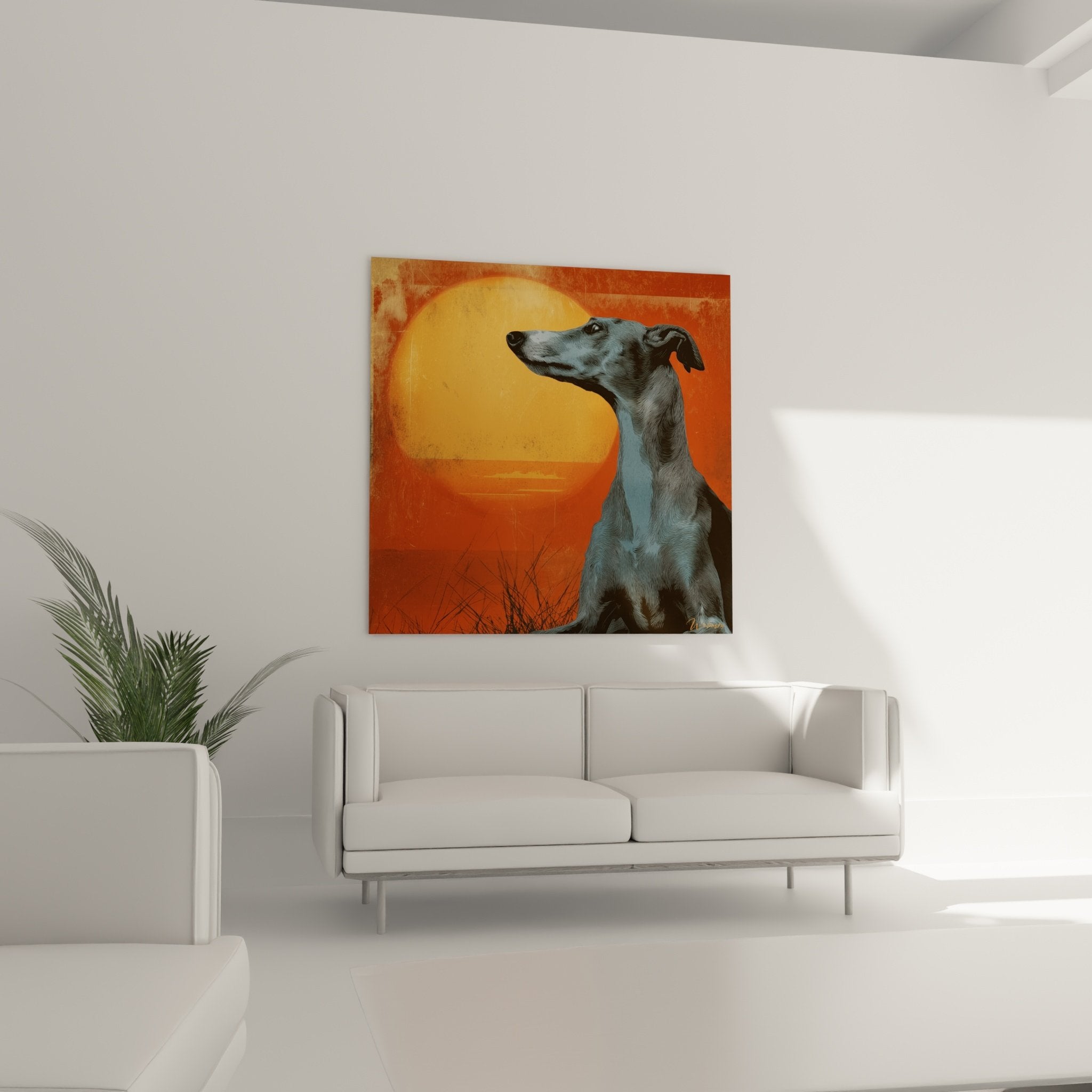 Detail Gemälde Windhund Whippet edles Profil, Hundemalerei Blaugrau-Nuancen auf leuchtendem orangefarbenem Hintergrund