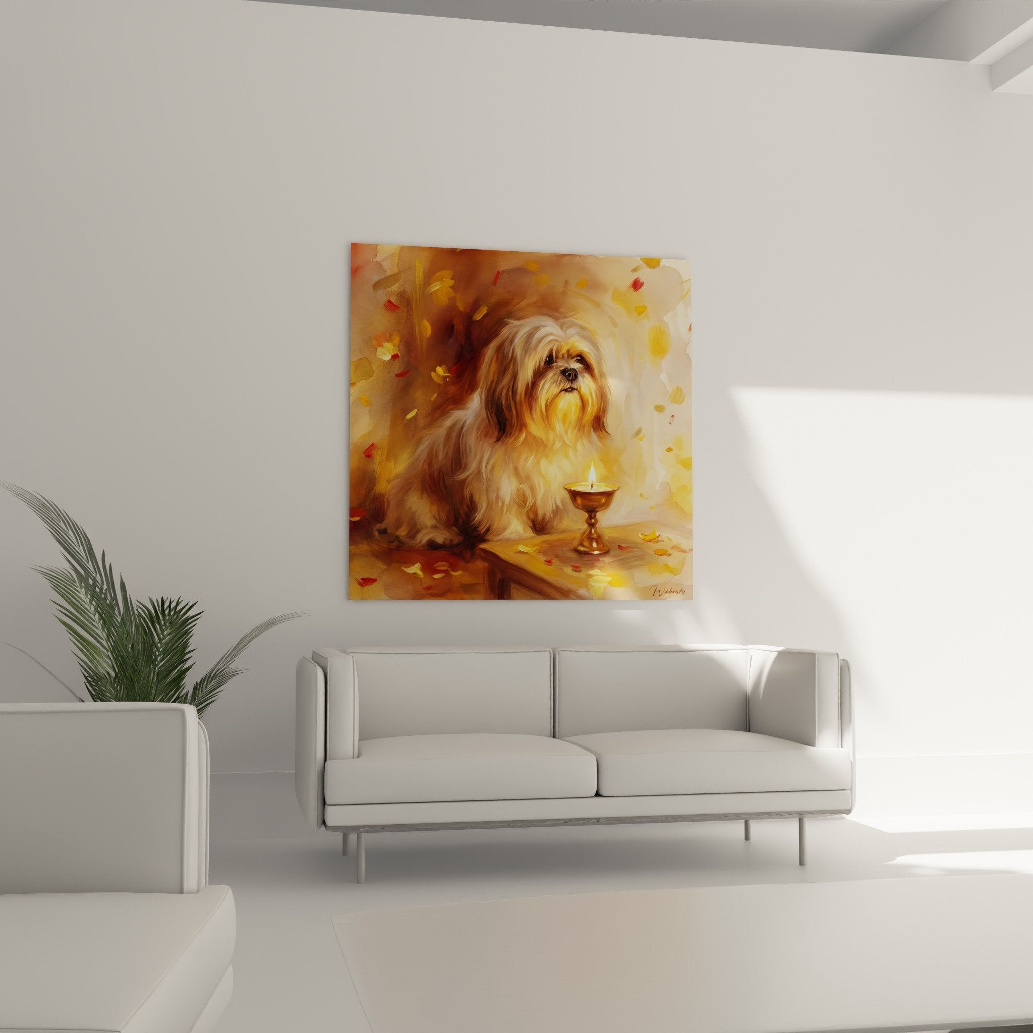 Détail tableau Lhassa Apso pelage soyeux reflets dorés miel caramel chandelle lumière tamisée