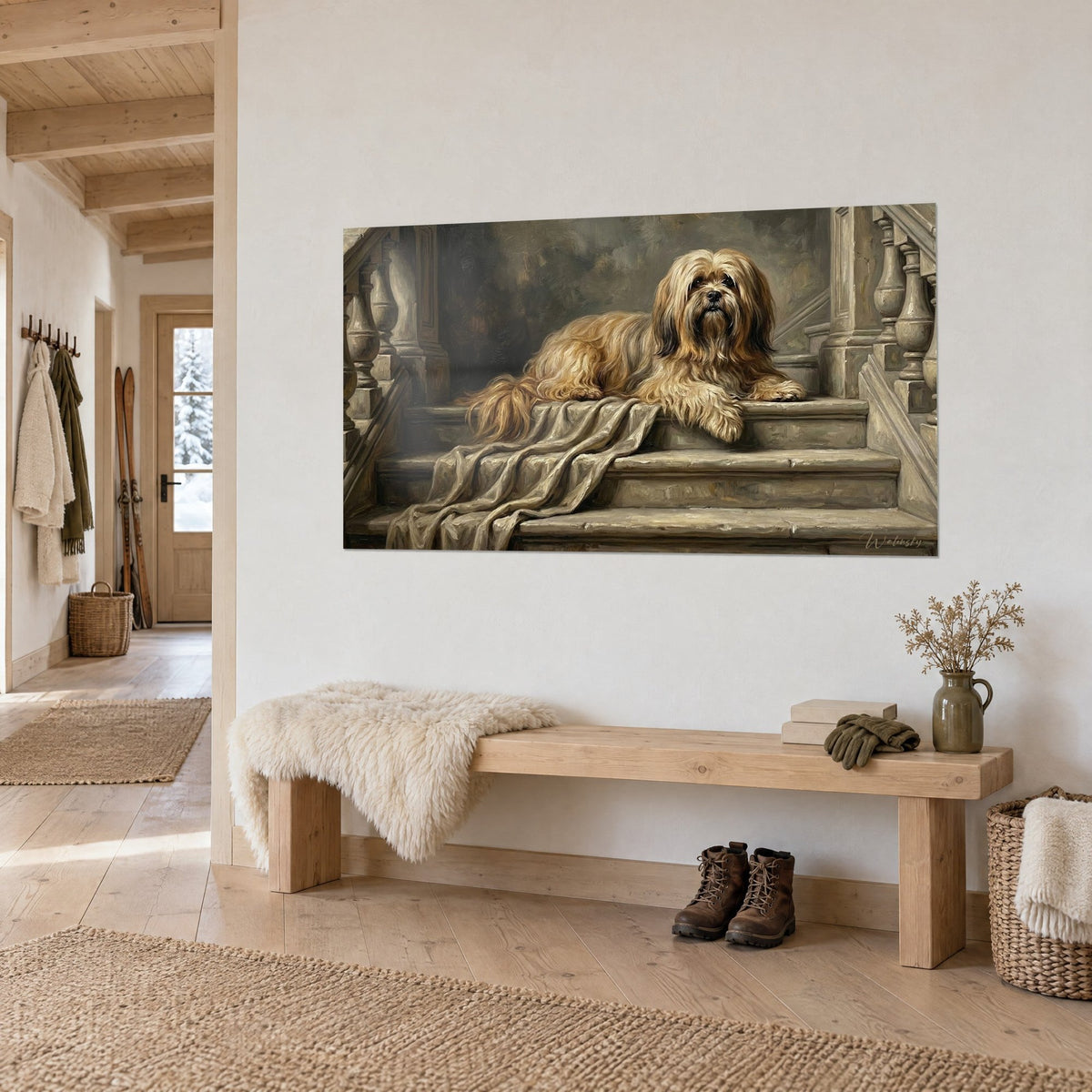 Wall art honey long-haired dog resting on grey stone staircase, taupe drapery, three-quarter view in a chalet