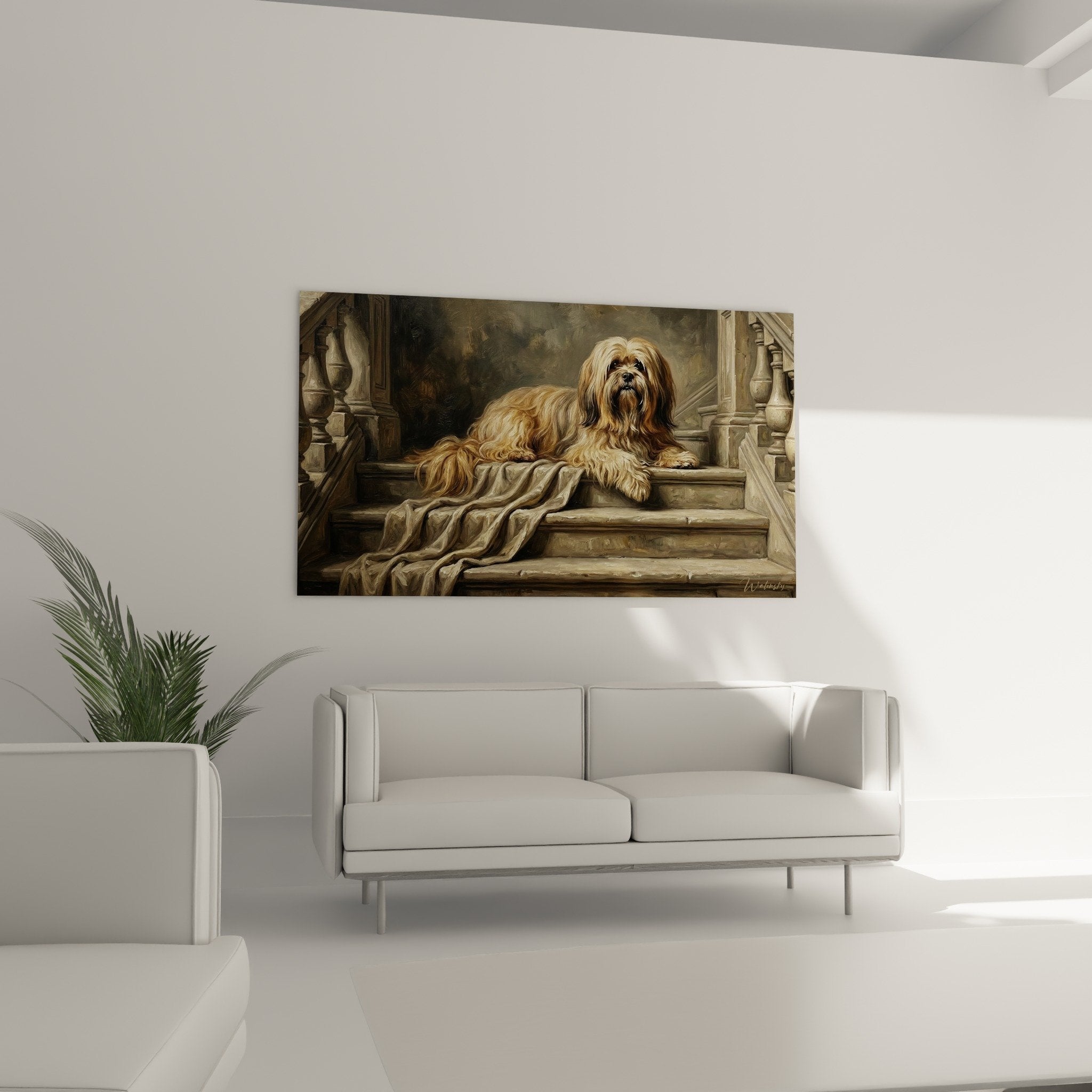 Détail portrait Lhassa Apso pelage soyeux reflets dorés expression noble yeux expressifs rendu réaliste