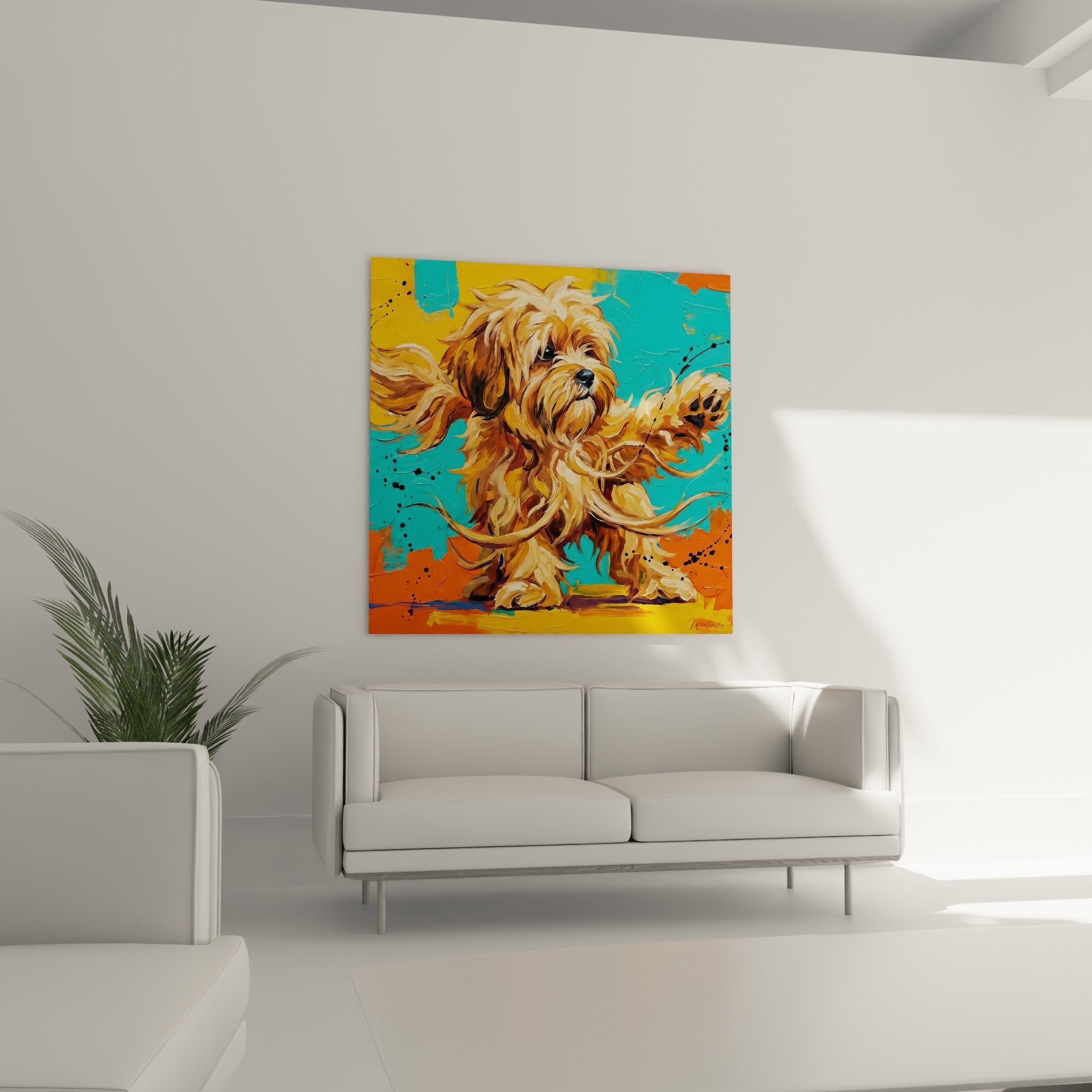 Detail peinture Lhassa Apso montrant texture pelage dore et expression malicieuse du regard canin