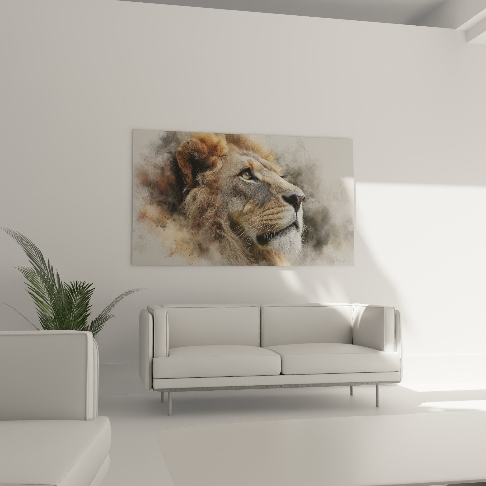 lion watercolor painting detail ochre earthy sienna tones fluid brush texture artistic golden mane