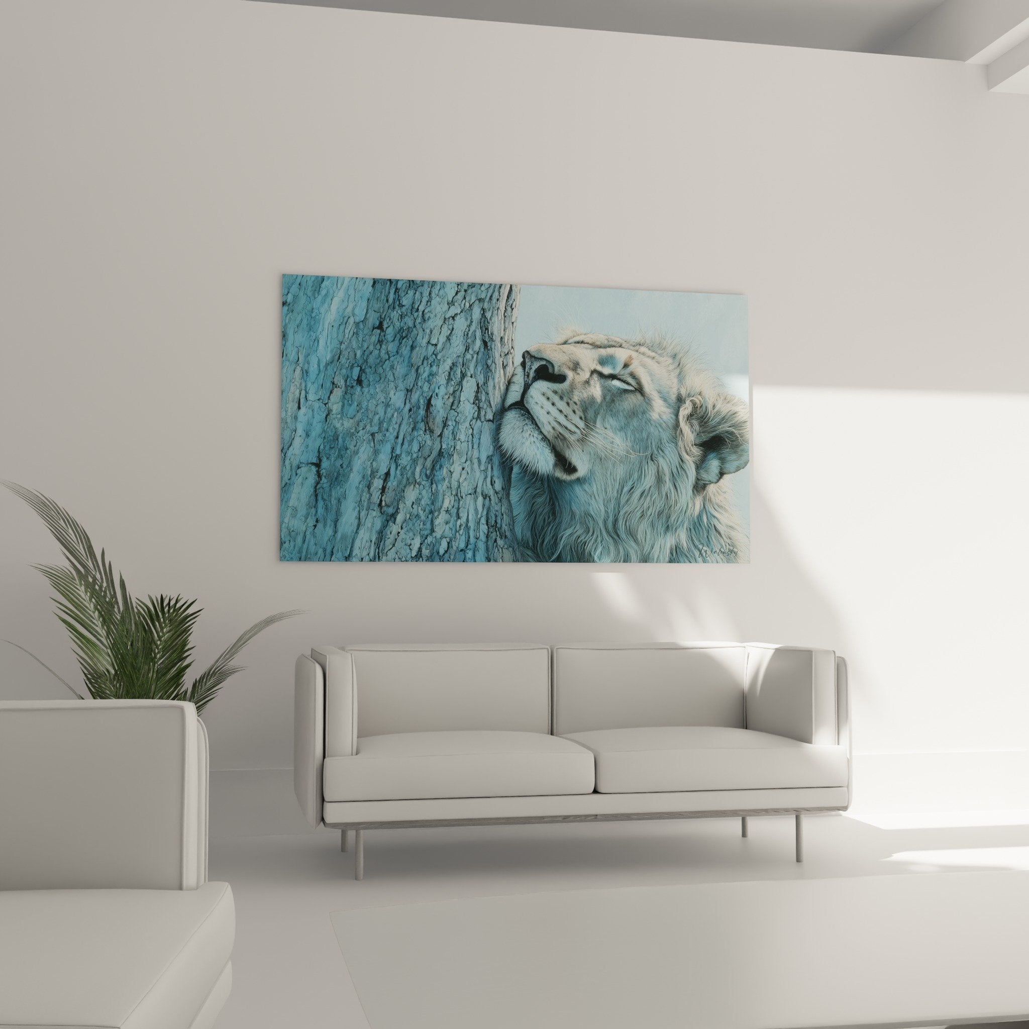 Detail rapproche lion bleu pelage texture soyeuse yeux fermes expression paisible sereine
