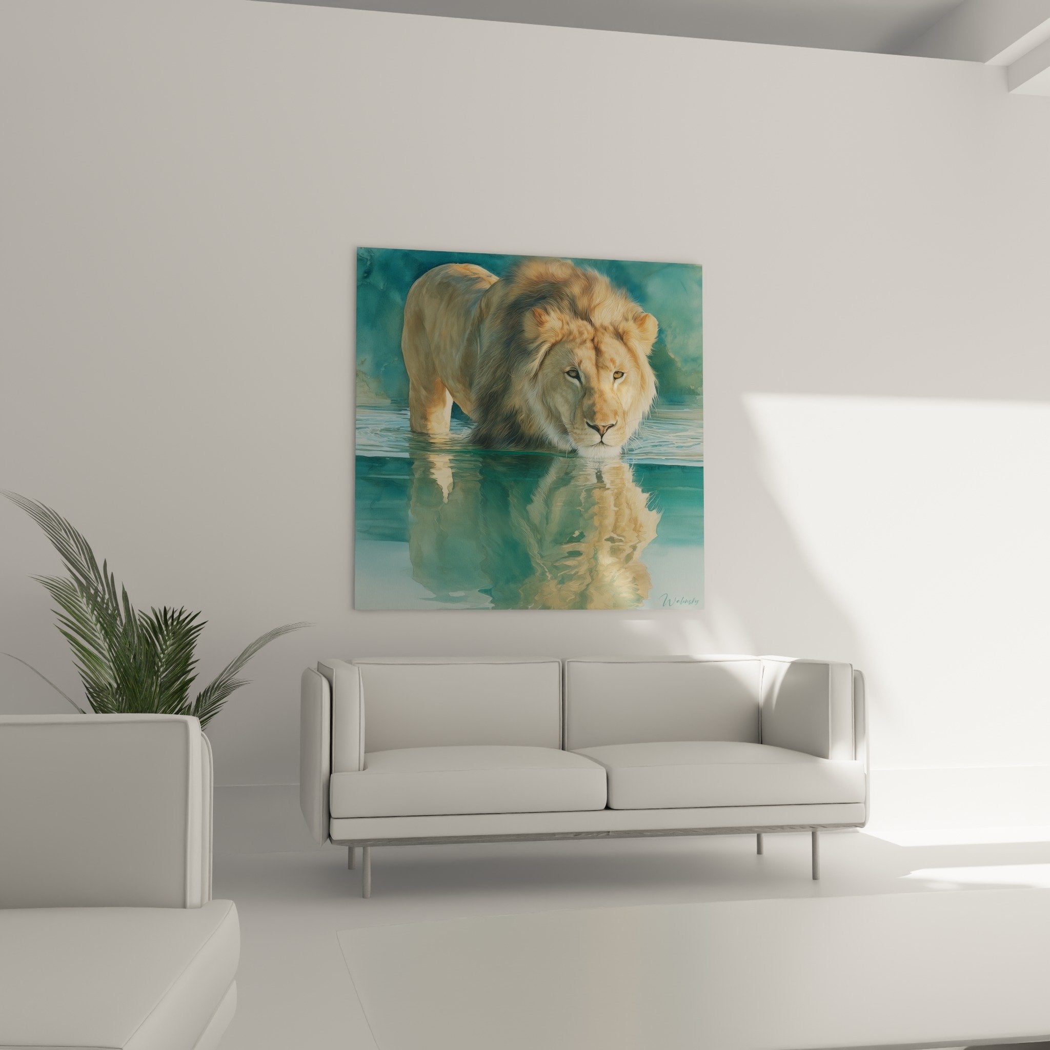 Dettaglio quadro leone criniera dorata acqua cristallina riflessi turchesi pittura iperrealistica