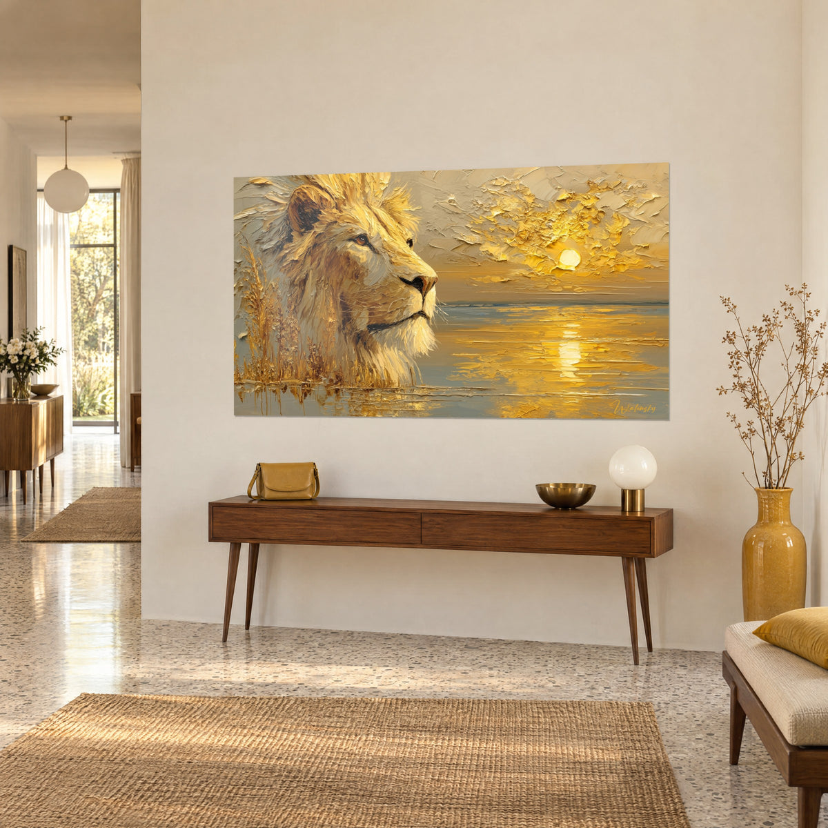 Wall art of a big cat in profile with honey-yellow and pearl-grey highlights, raised golden reeds, round sun on the water, wooden console