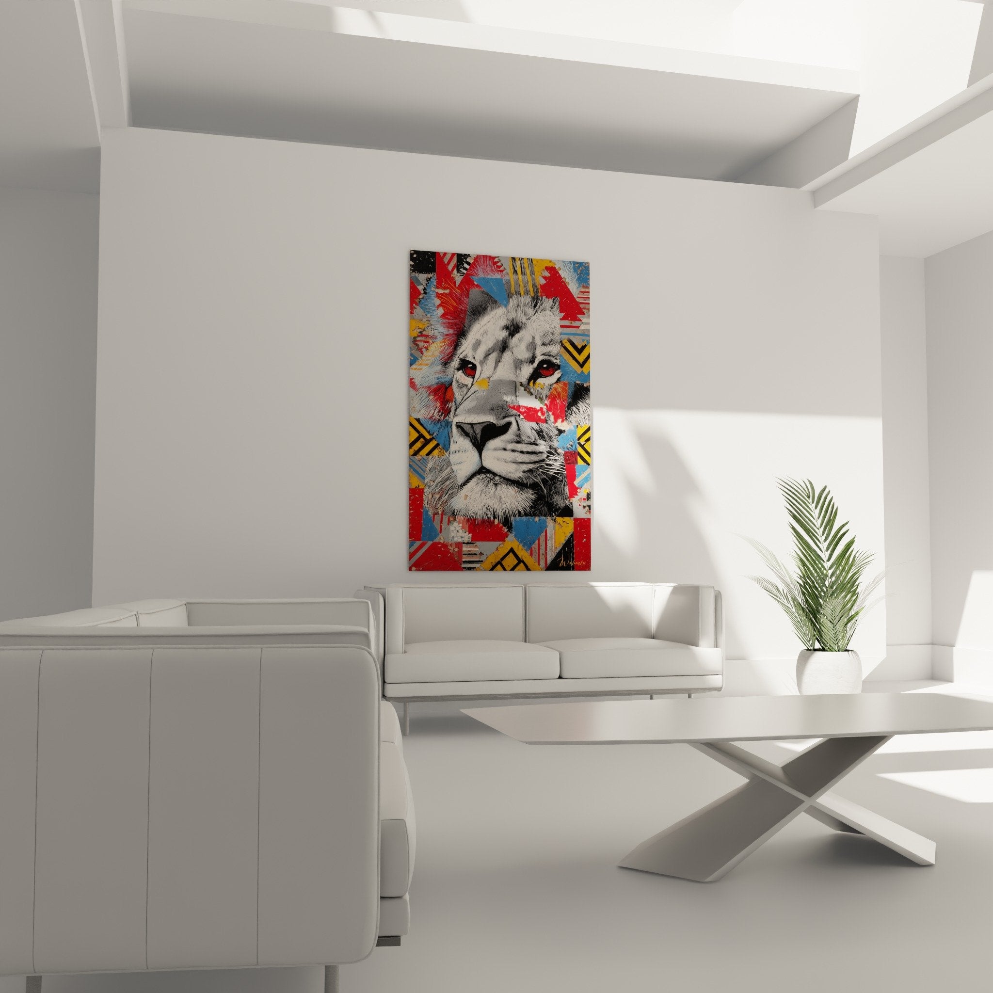 Detail tableau lion hyperrealiste yeux rouges criniere precise motifs geometriques colores art moderne